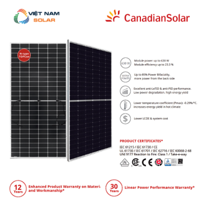 Tấm Pin NLMT Canadian 620WP n-type TOPCon 2 Mặt Kính [Giá Sỉ]