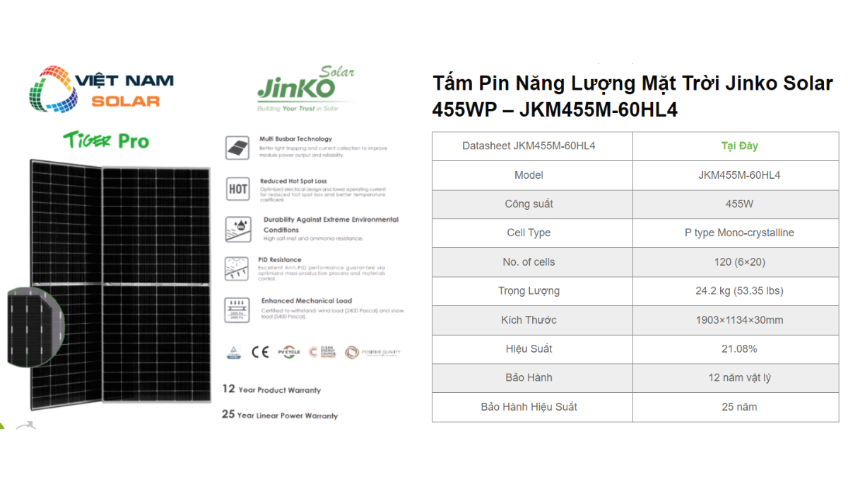 [Giá Sỉ] Tấm Pin Năng Lượng Mặt Trời Jinko Solar 455WP - JKM455M-60HL4
