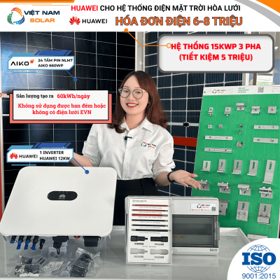 (Tiền Điện 6-8tr 3 Pha) Lắp Huawei Hệ Thống Điện Mặt Trời Hòa Lưới 15kWp (Tạo Ra 60kWh Ban Ngày)