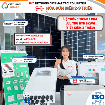 (Tiền Điện 2-3tr) Lắp BYD Hệ Thống Điện Mặt Trời 5kWp Lưu Trữ 5kWh (Tạo Ra 20kWh lưu BYD 5kWh)