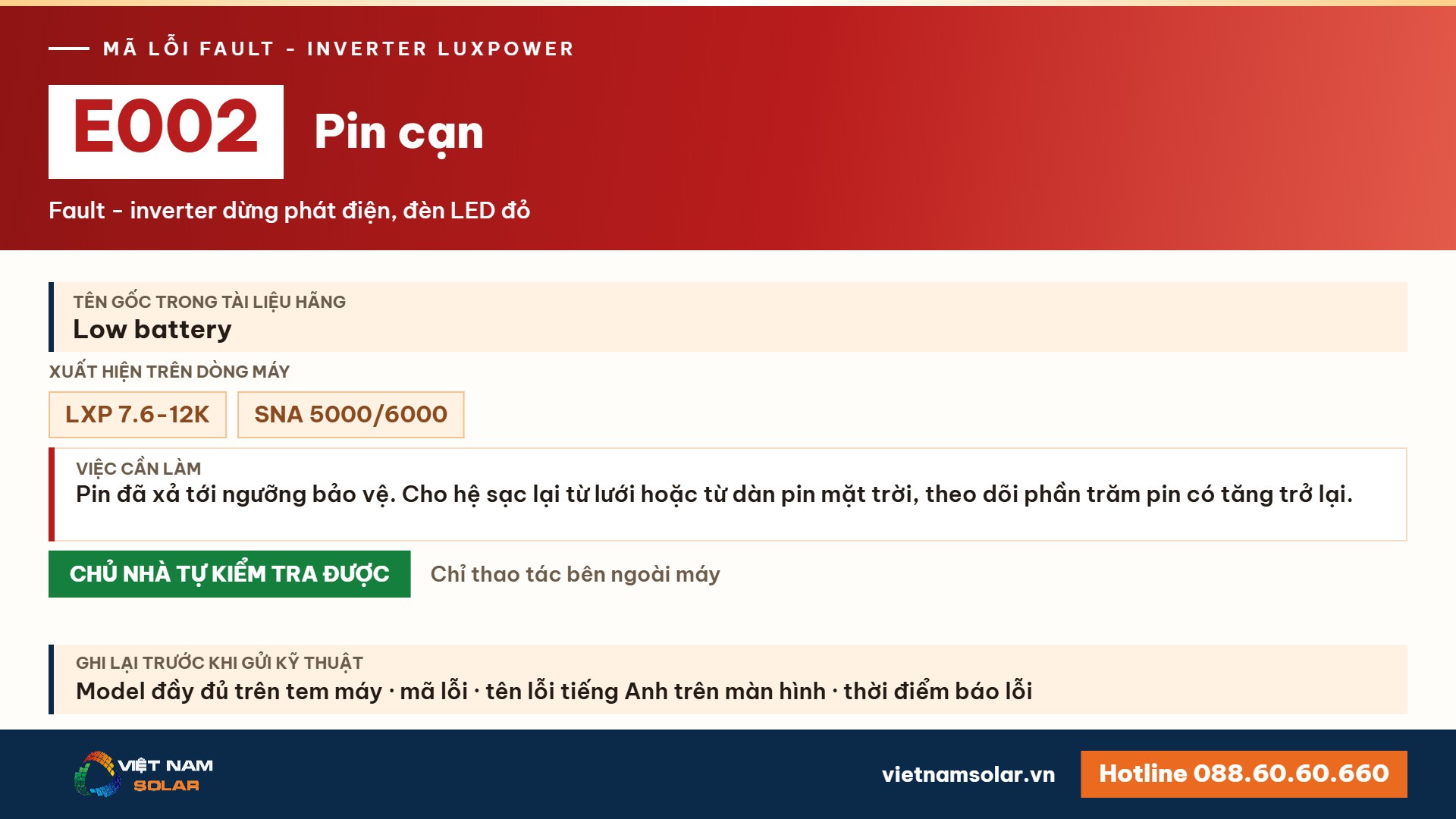 Lỗi E002 Luxpower – Pin cạn (lỗi 2)