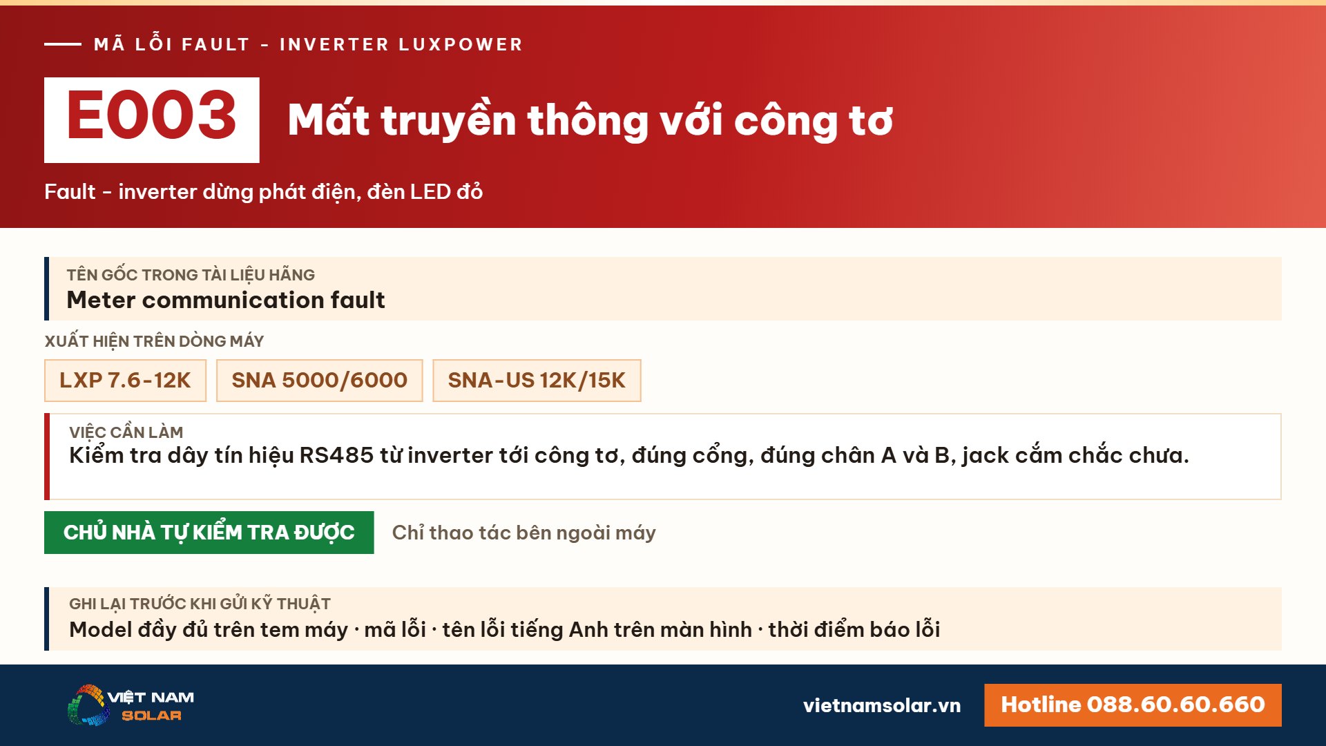 Lỗi E003 Luxpower – Mất truyền thông với công tơ (lỗi 3)