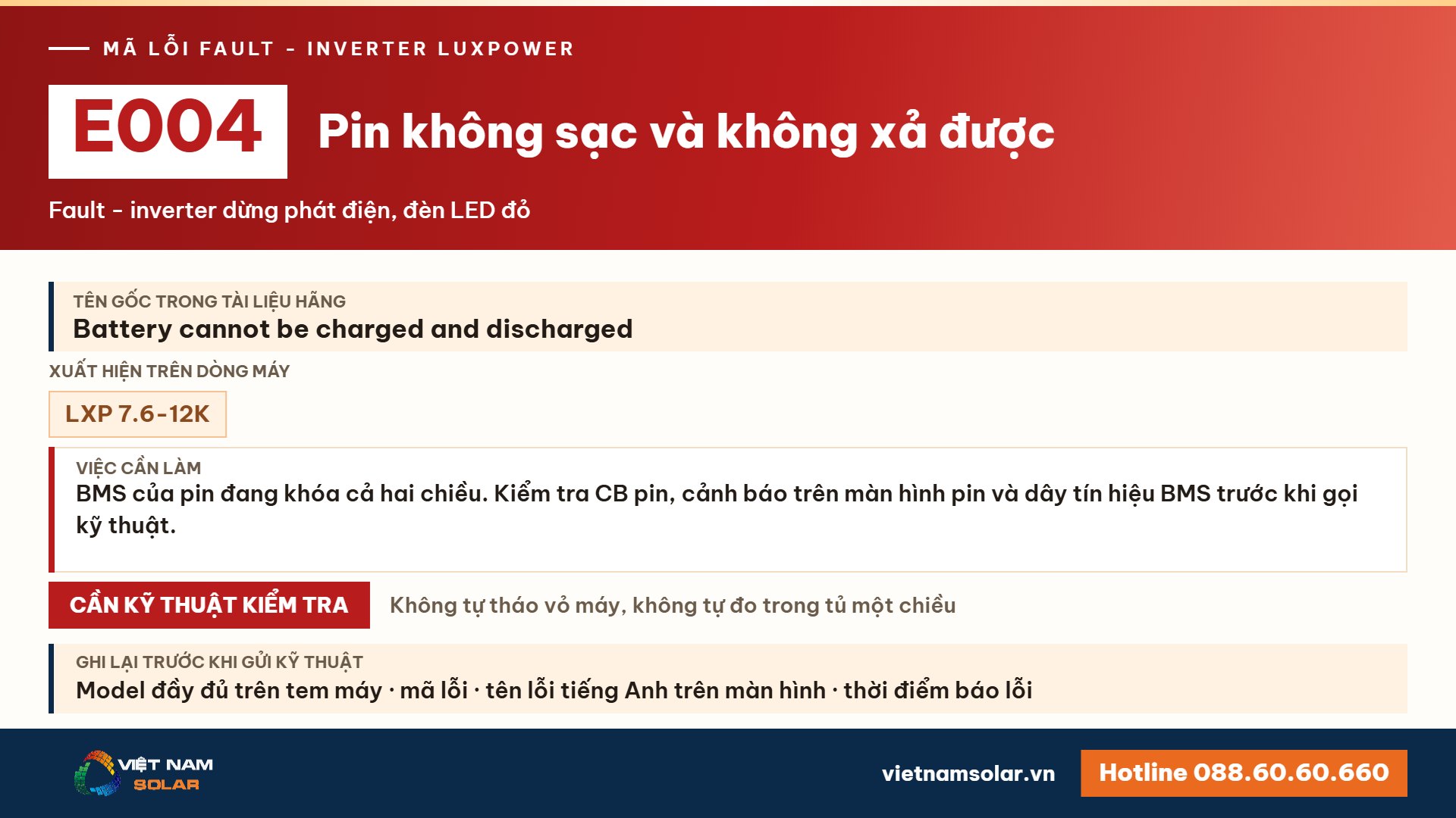Lỗi E004 Luxpower – Pin không sạc và không xả được (lỗi 4)