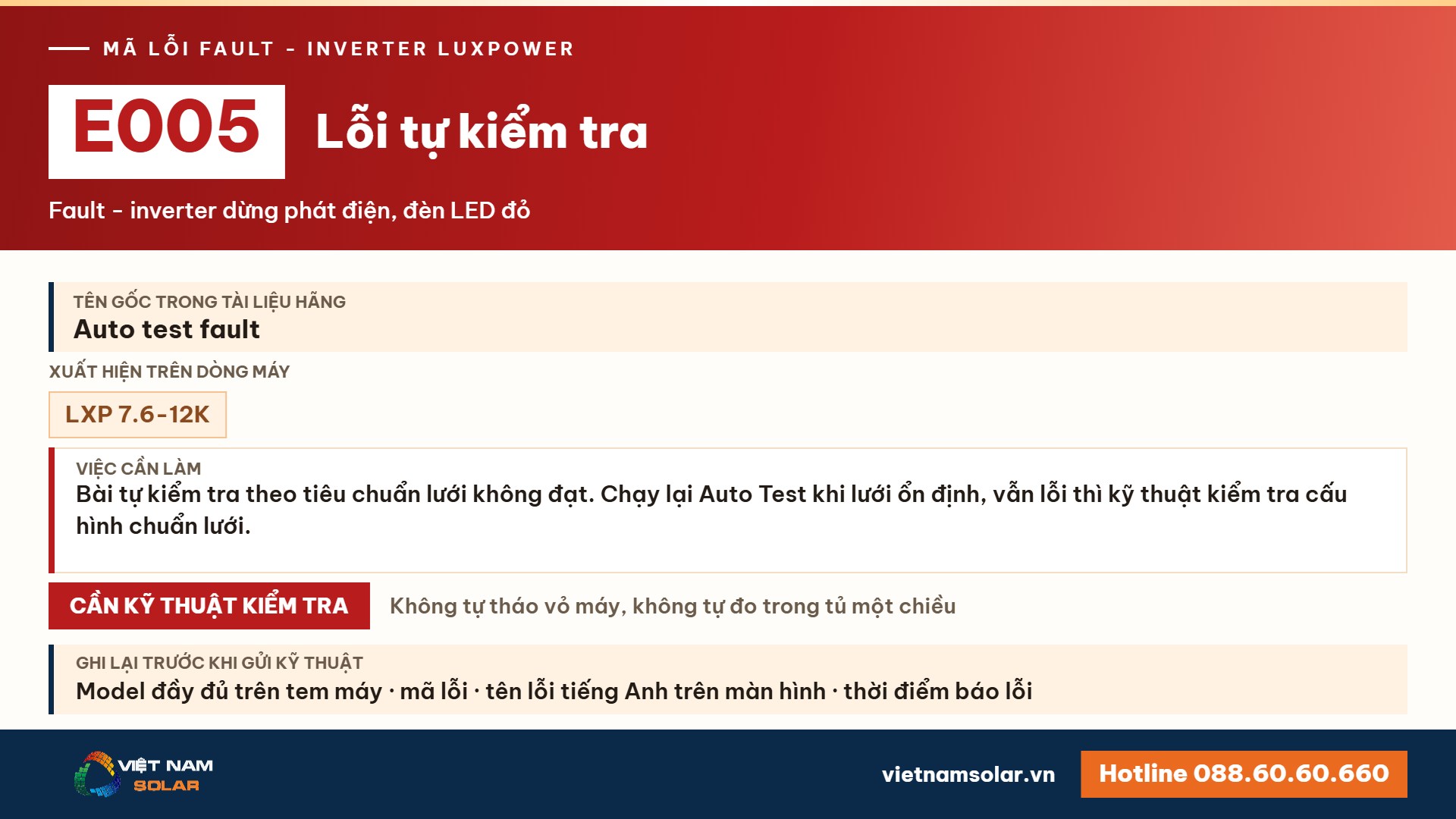 Lỗi E005 Luxpower – Lỗi tự kiểm tra (Auto Test) (lỗi 5)
