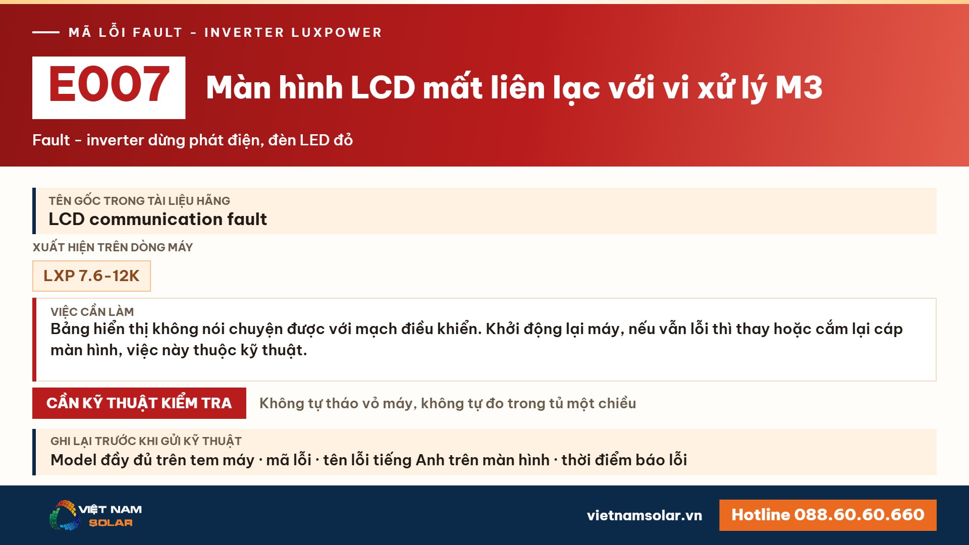 Lỗi E007 Luxpower – Màn hình LCD mất liên lạc với vi xử lý M3 (lỗi 7)
