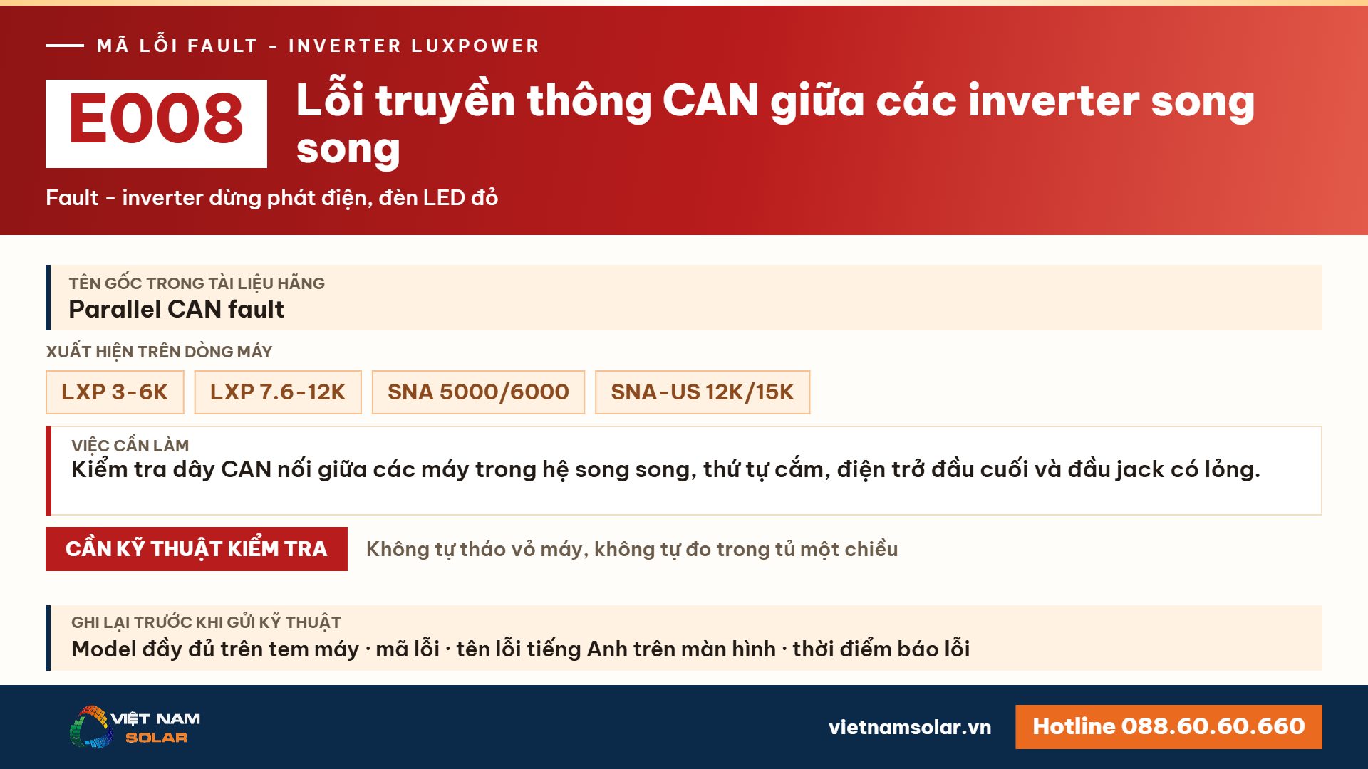 Lỗi E008 Luxpower – Lỗi truyền thông CAN giữa các inverter song song (lỗi 8)