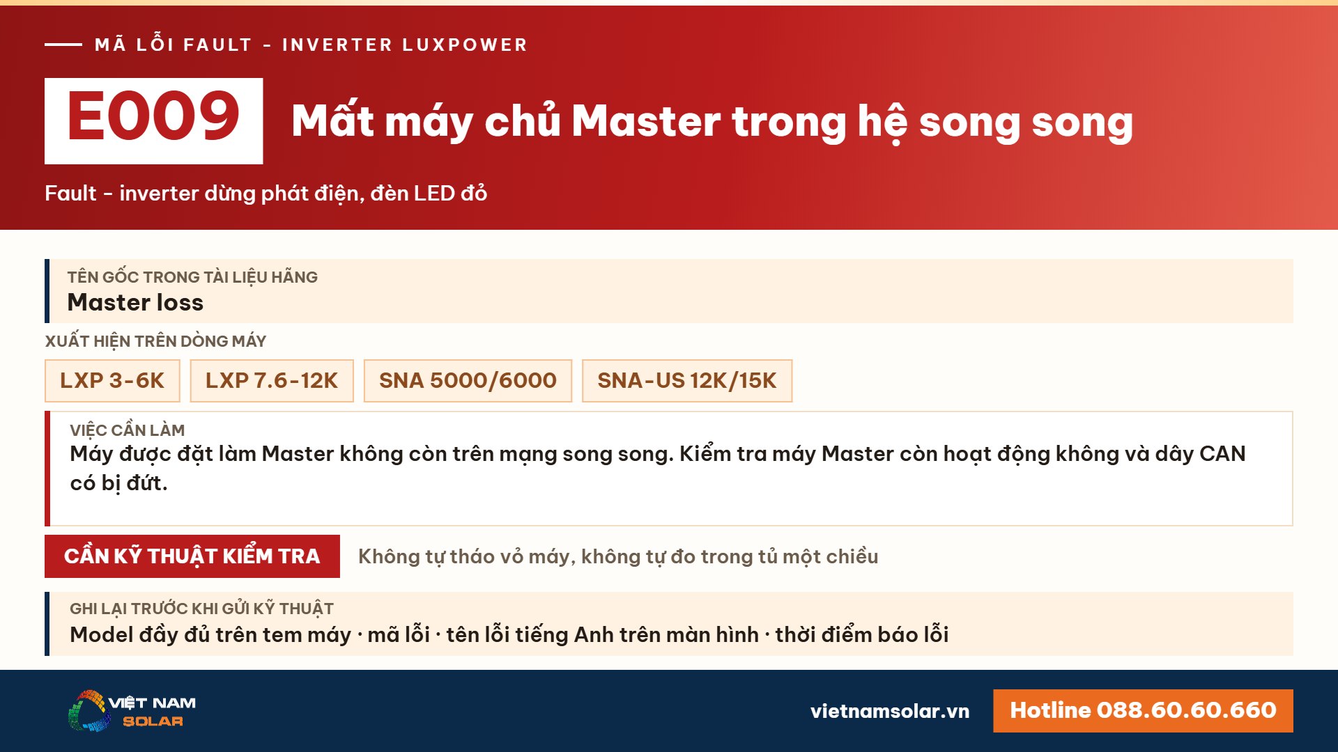 Lỗi E009 Luxpower – Mất máy chủ (Master) trong hệ song song (lỗi 9)