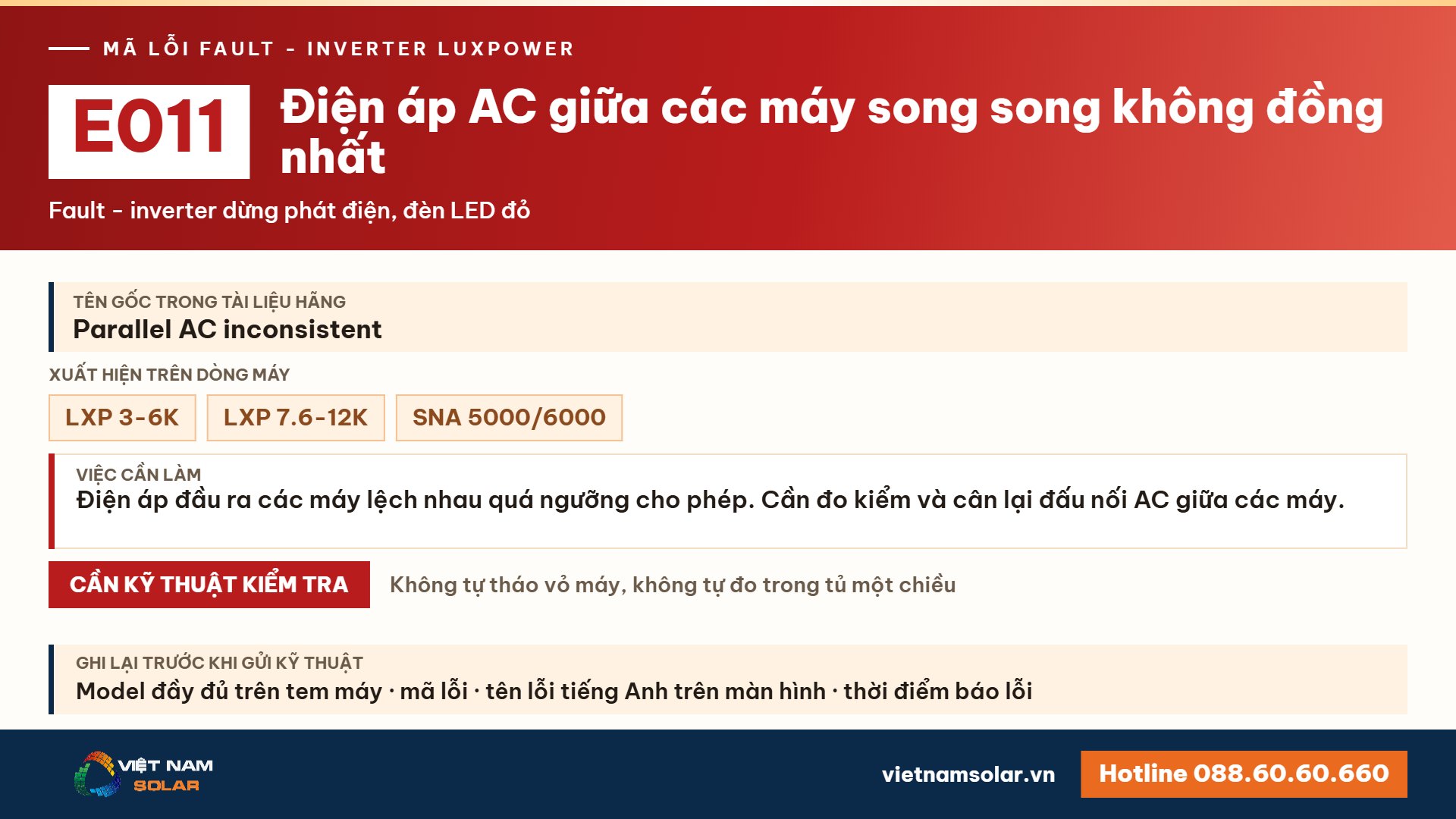 Lỗi E011 Luxpower – Điện áp AC giữa các máy song song không đồng nhất (lỗi 11)