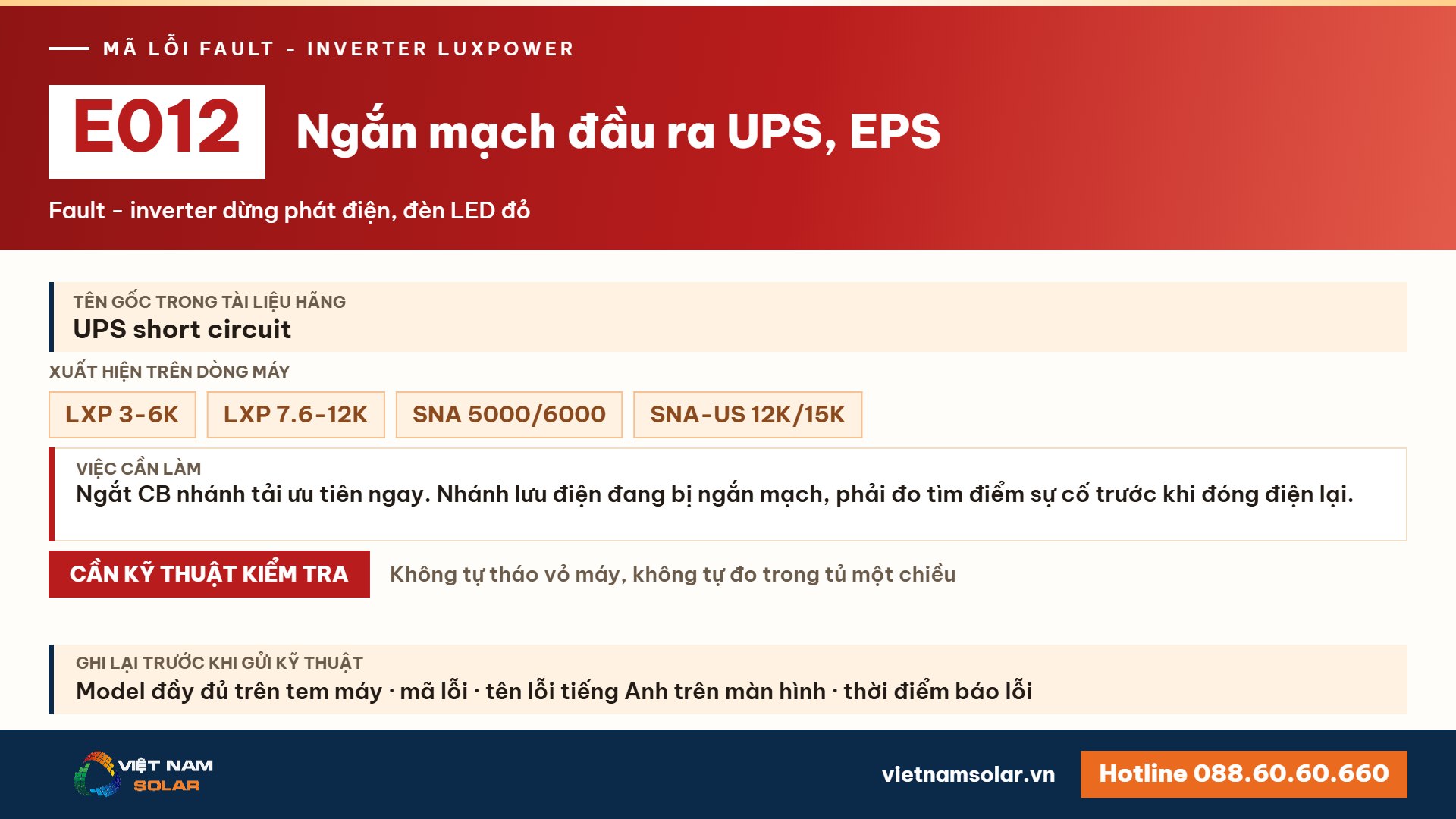Lỗi E012 Luxpower – Ngắn mạch đầu ra UPS/EPS (lỗi 12)