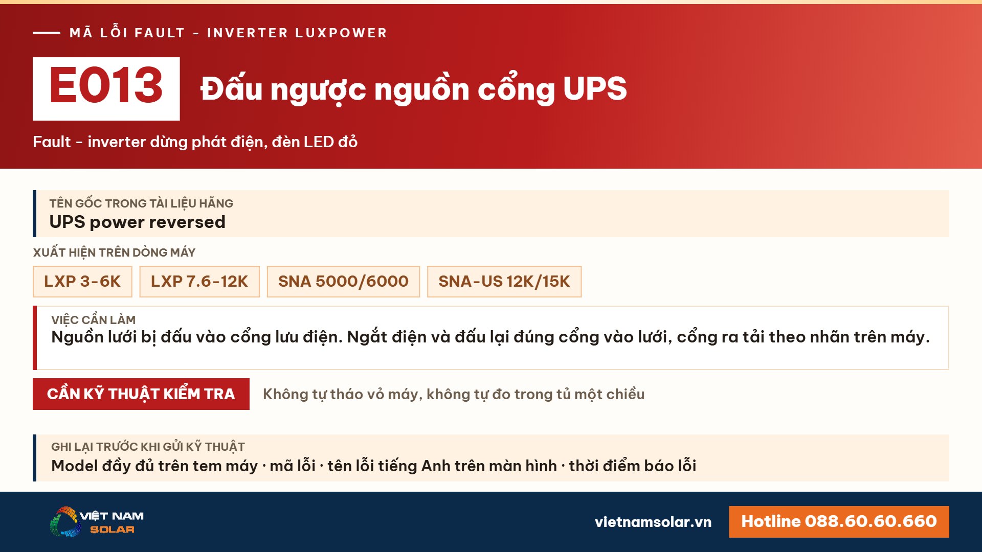Lỗi E013 Luxpower – Đấu ngược nguồn cổng UPS (lỗi 13)
