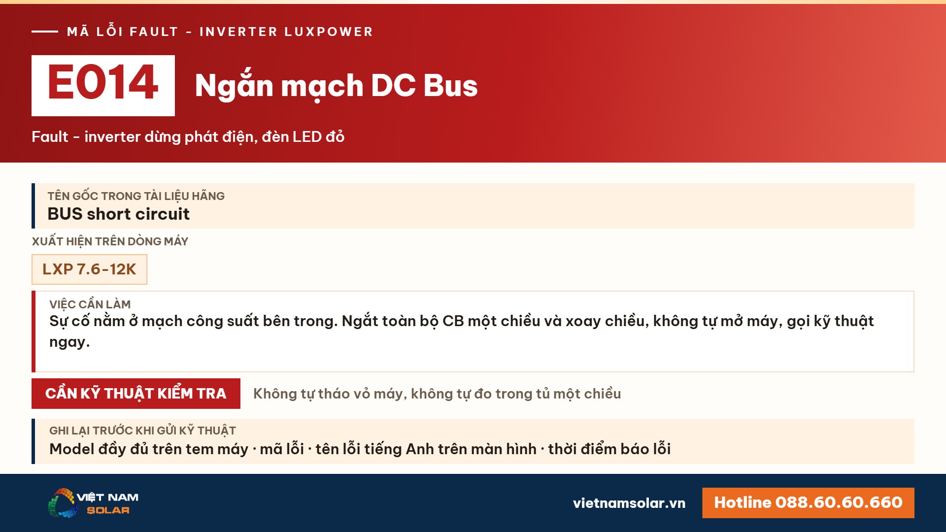 Lỗi E014 Luxpower – Ngắn mạch DC Bus (lỗi 14)