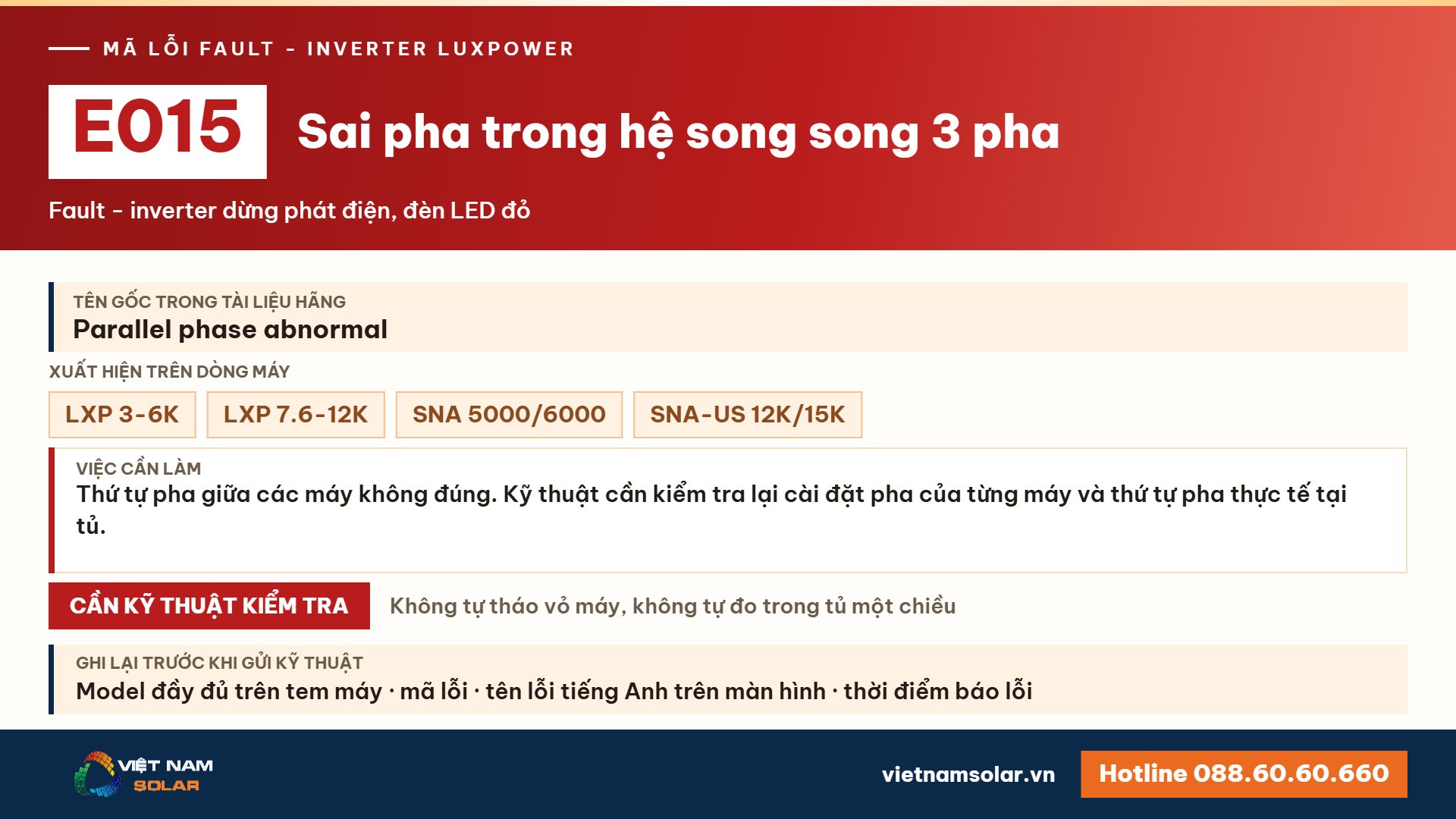 Lỗi E015 Luxpower – Sai pha trong hệ song song 3 pha (lỗi 15)