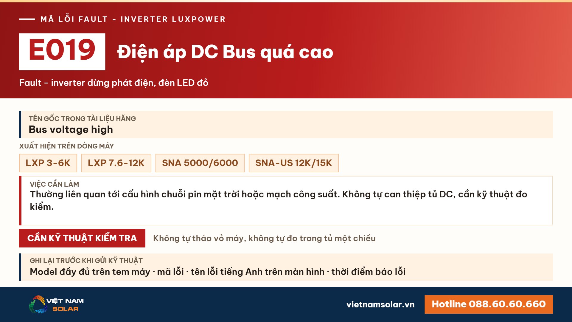 Lỗi E019 Luxpower – Điện áp DC Bus quá cao (lỗi 19)