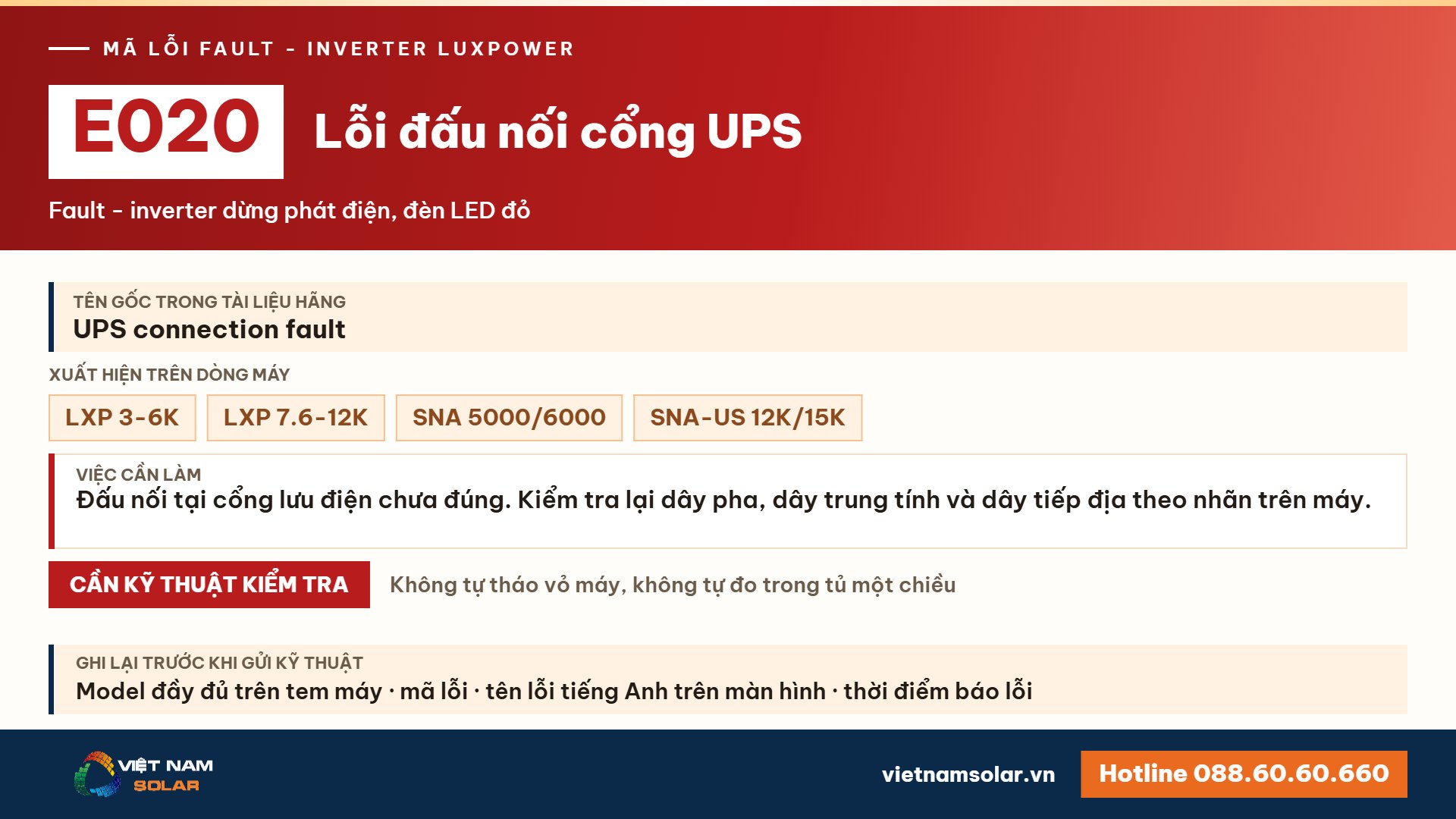 Lỗi E020 Luxpower – Lỗi đấu nối cổng UPS (lỗi 20)