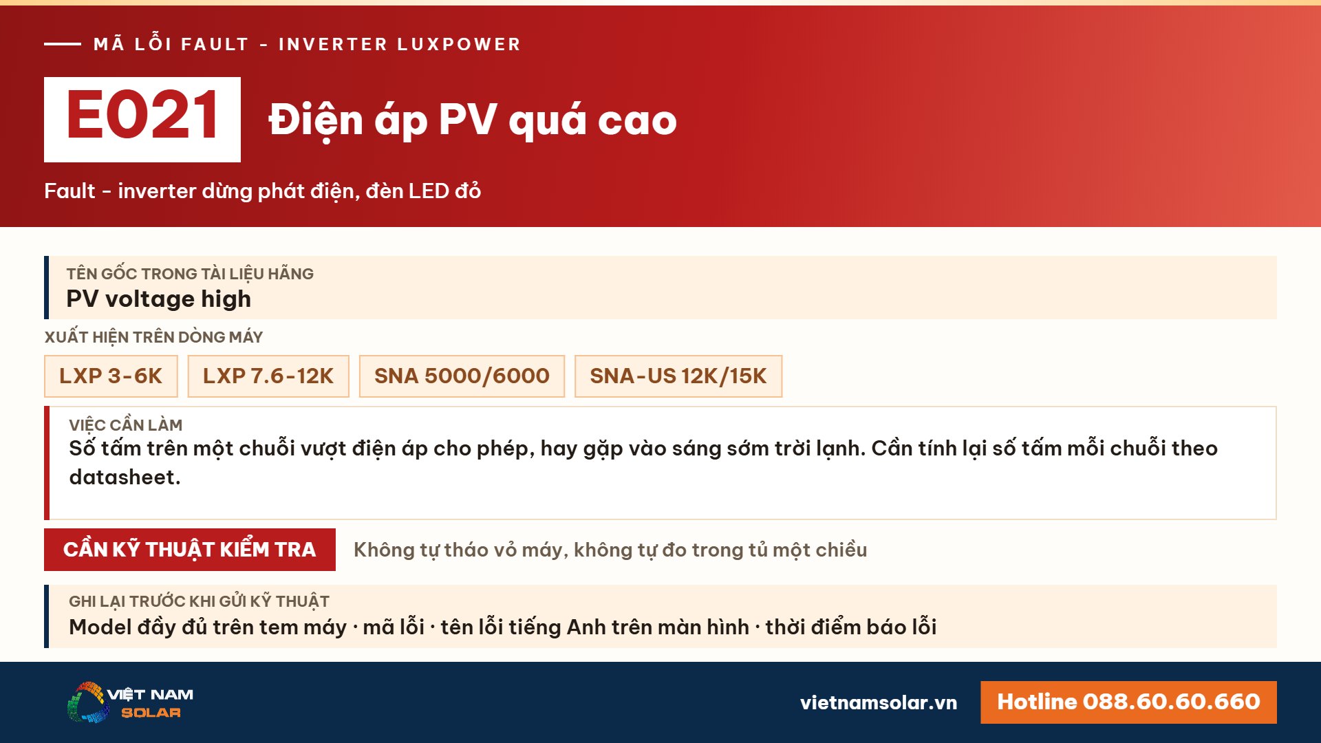 Lỗi E021 Luxpower – Điện áp PV quá cao (lỗi 21)