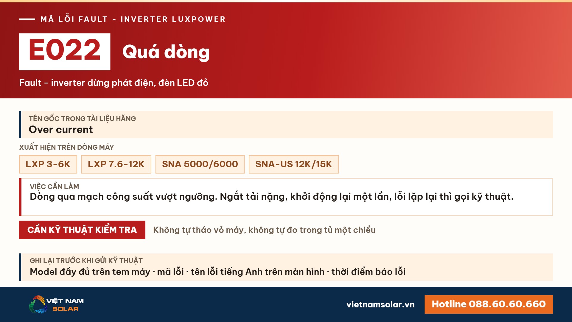 Lỗi E022 Luxpower – Quá dòng (lỗi 22)