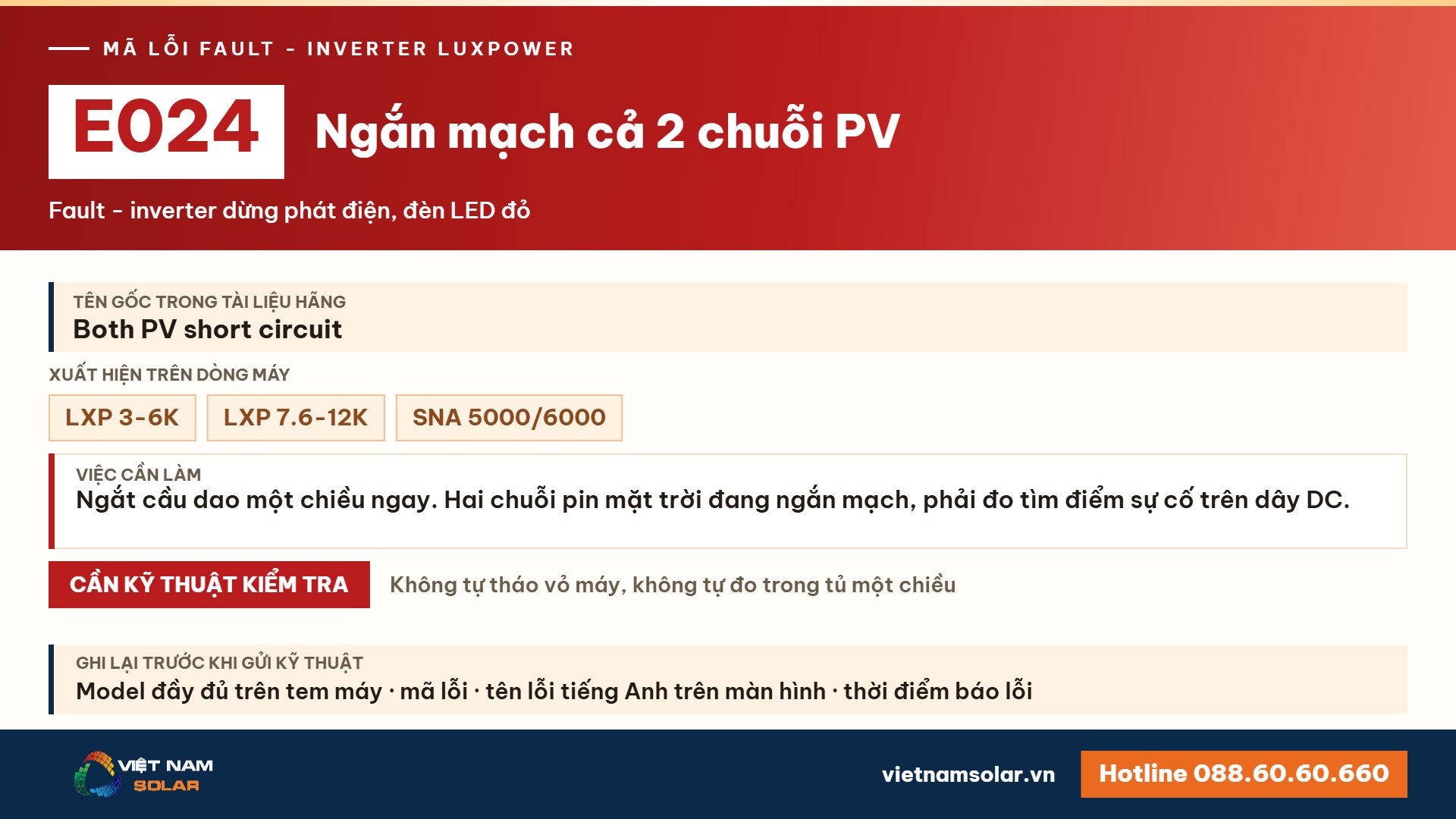 Lỗi E024 Luxpower – Ngắn mạch cả 2 chuỗi PV (lỗi 24)