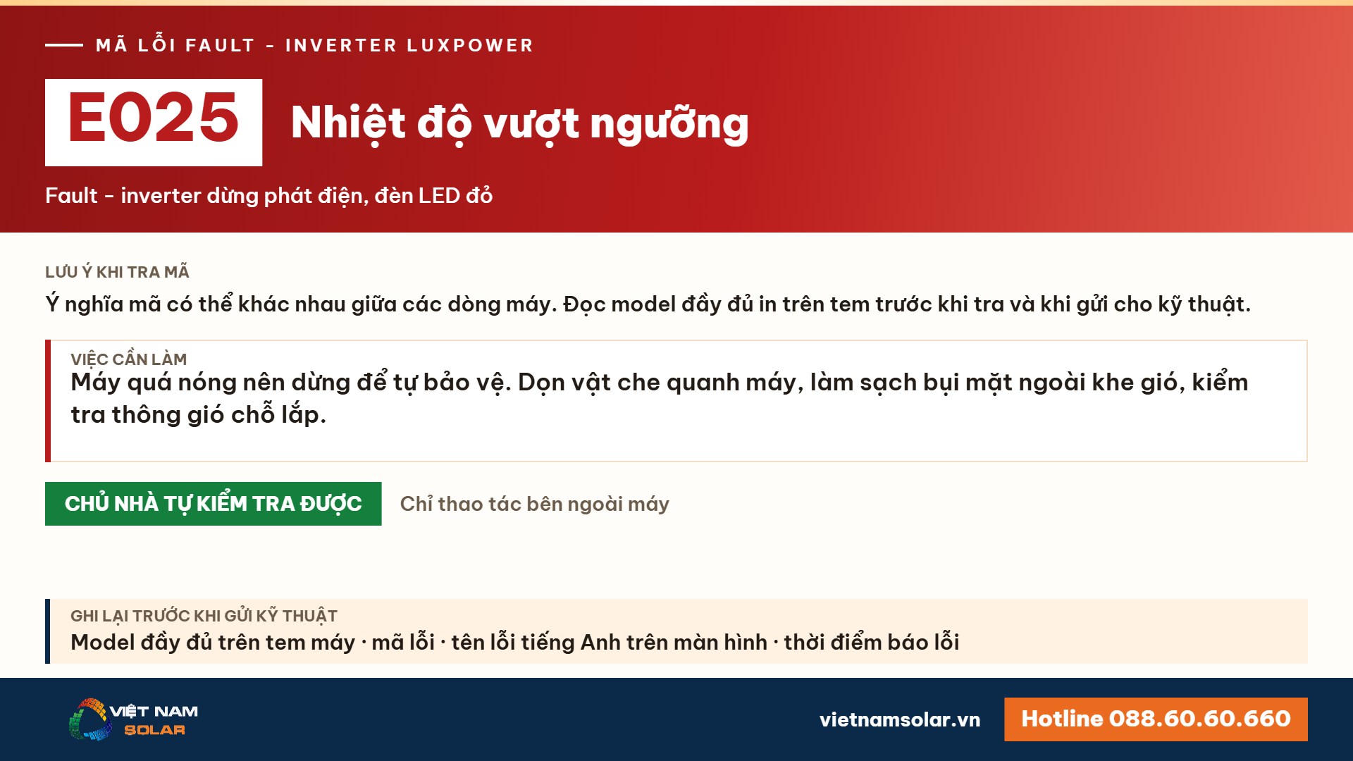 Lỗi E025 Luxpower – Nhiệt độ vượt ngưỡng (lỗi 25)