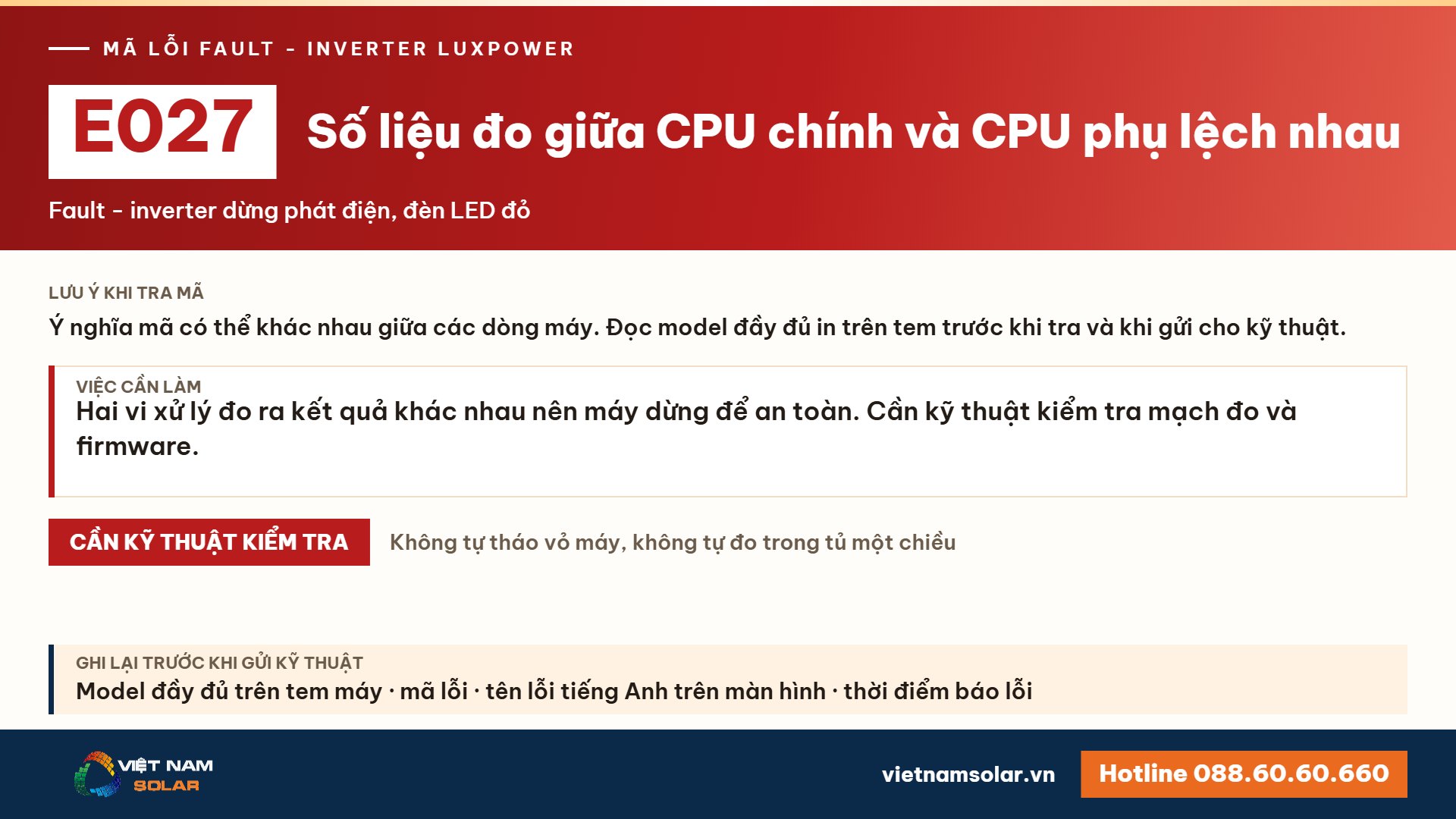 Lỗi E027 Luxpower – Số liệu đo giữa CPU chính và CPU phụ không khớp (lỗi 27)