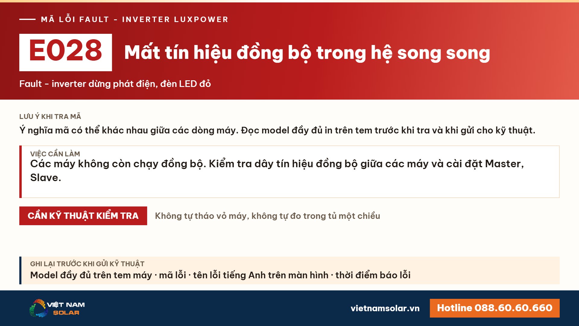 Lỗi E028 Luxpower – Mất tín hiệu đồng bộ trong hệ song song (lỗi 28)