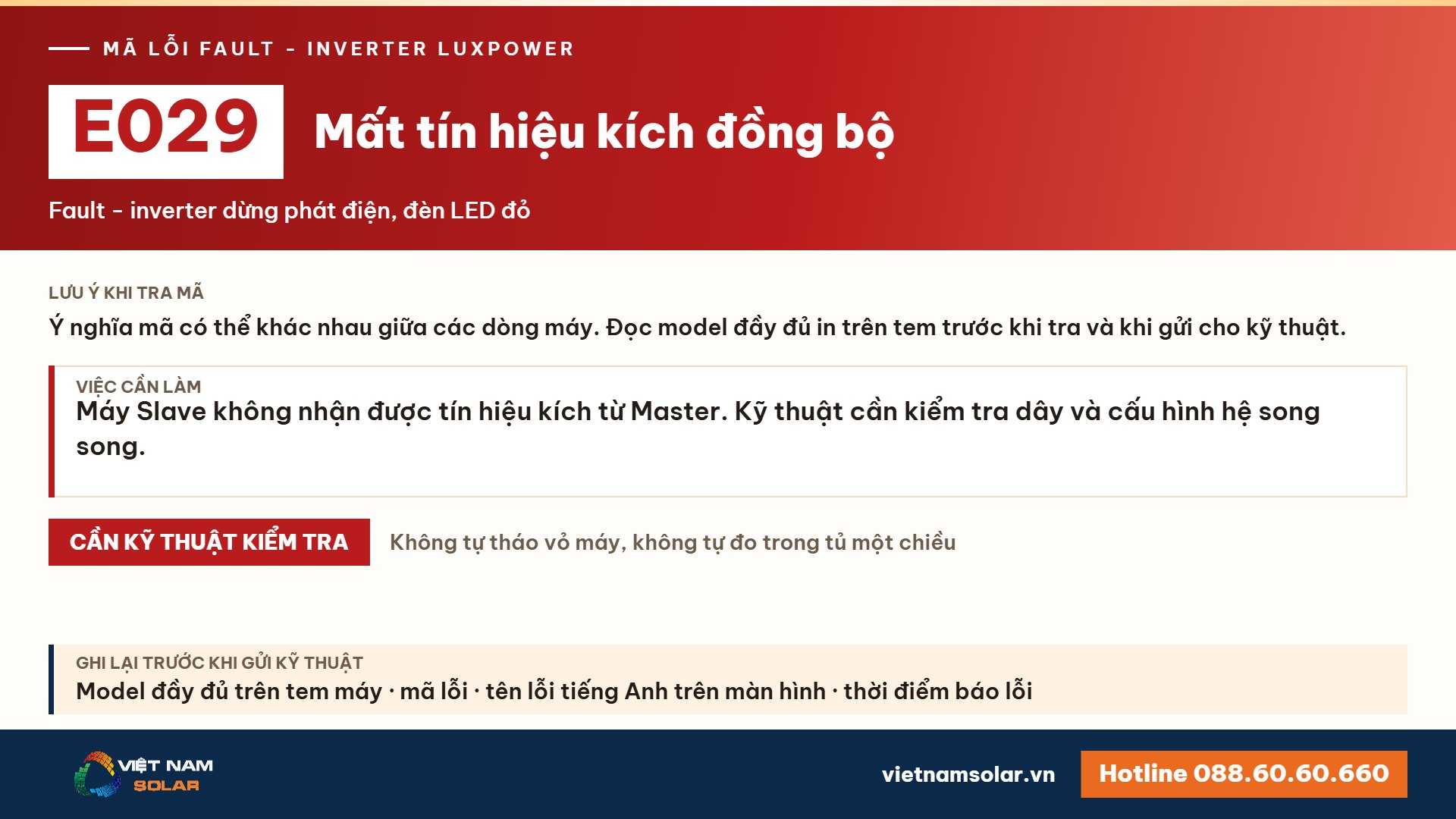 Lỗi E029 Luxpower – Mất tín hiệu kích đồng bộ trong hệ song song (lỗi 29)