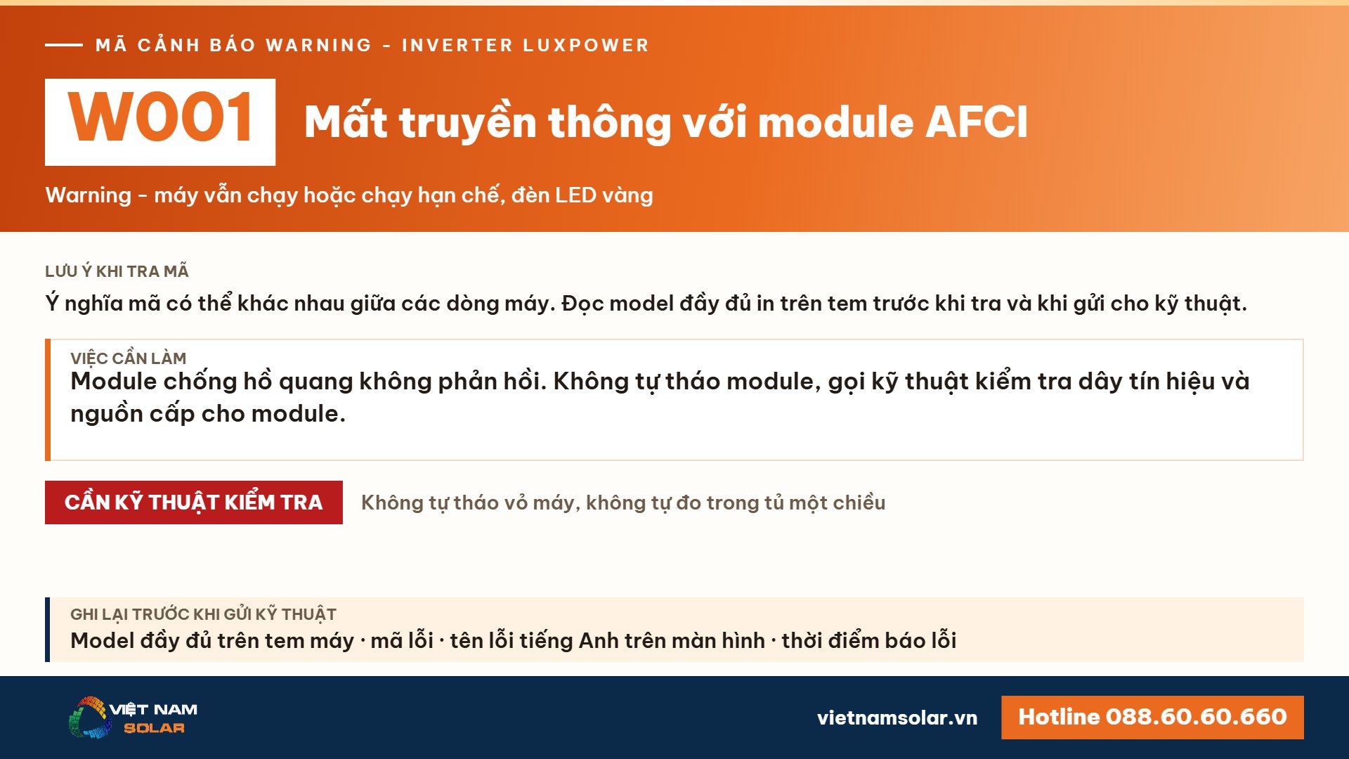 Cảnh báo W001 Luxpower – Mất truyền thông với module AFCI (lỗi 1, warning 1)