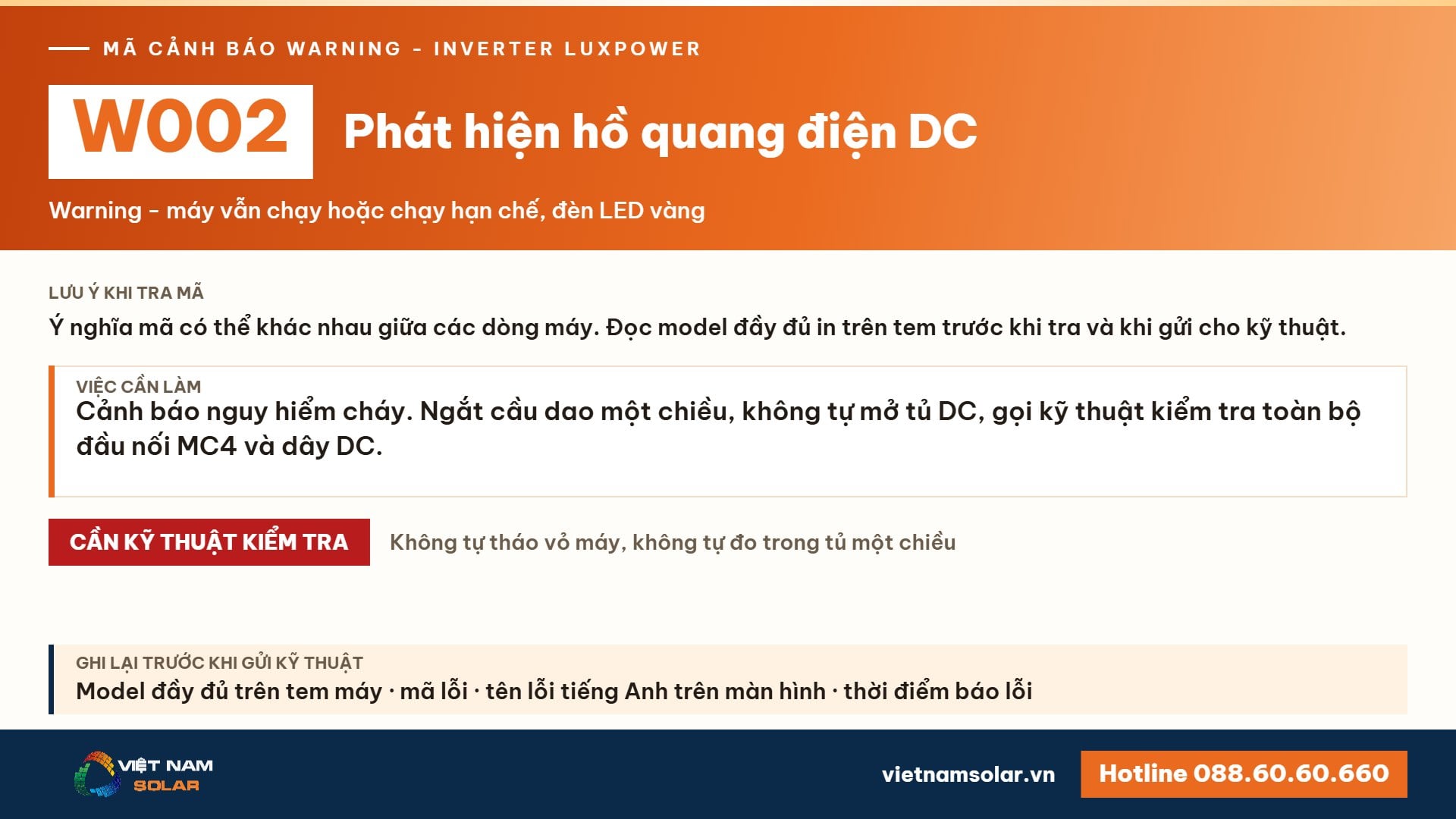 Cảnh báo W002 Luxpower – Phát hiện hồ quang điện DC (AFCI) (lỗi 2, warning 2)