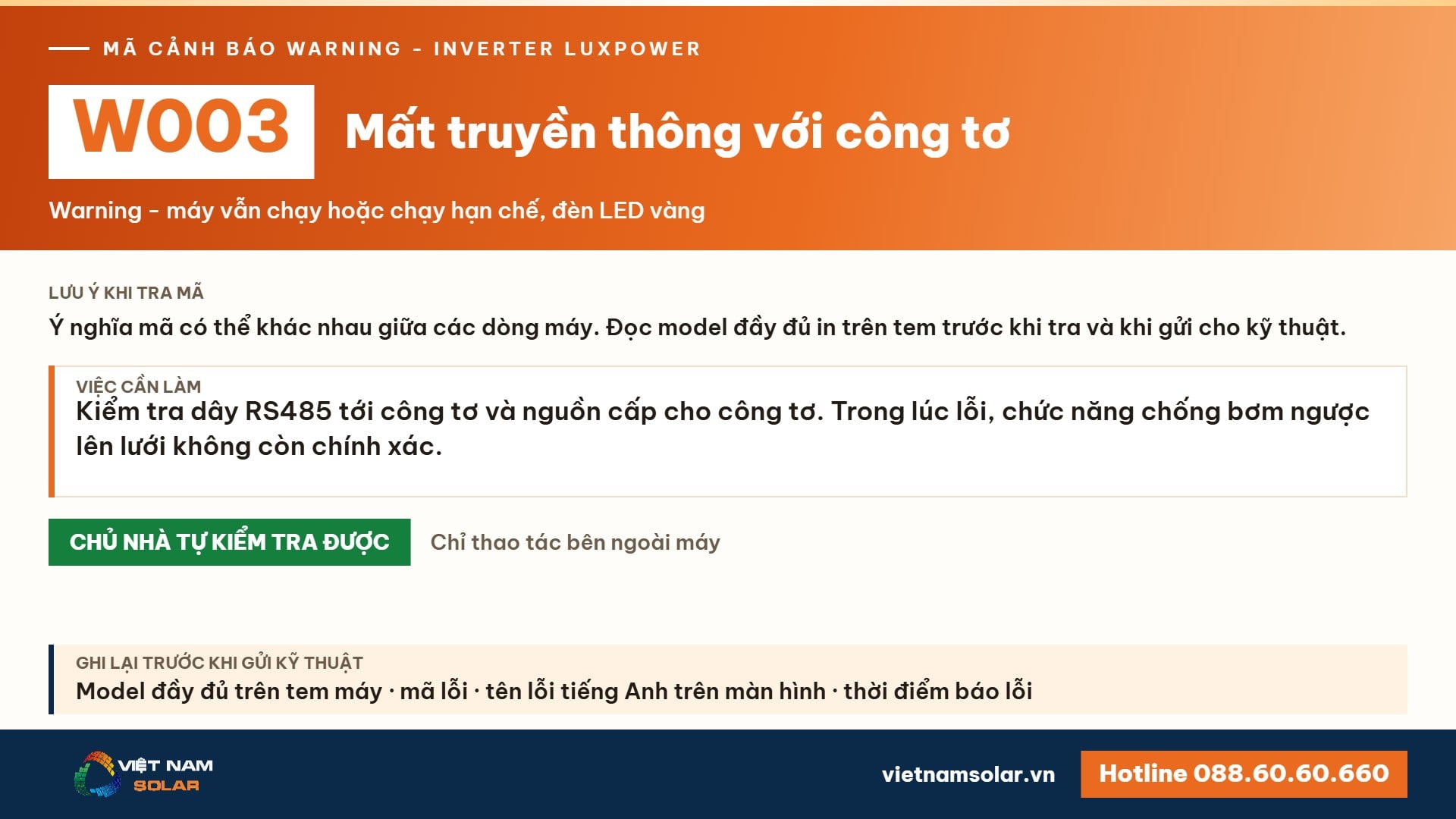 Cảnh báo W003 Luxpower – Mất truyền thông với công tơ (lỗi 3, warning 3)