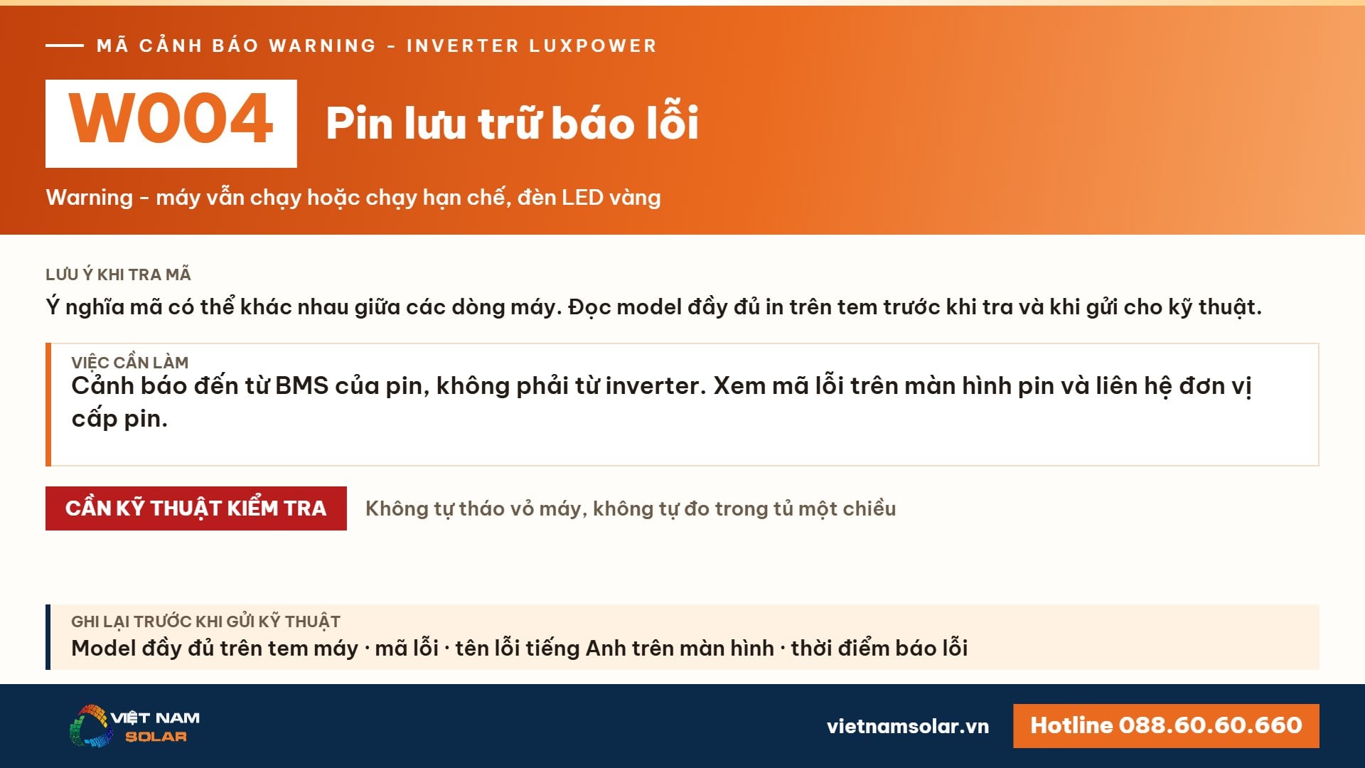 Cảnh báo W004 Luxpower – Pin lưu trữ báo lỗi (lỗi 4, warning 4)