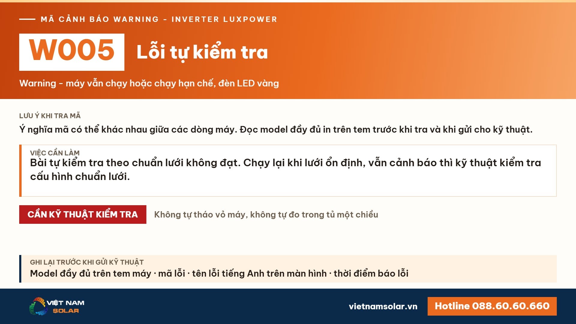 Cảnh báo W005 Luxpower – Lỗi tự kiểm tra (Auto Test) (lỗi 5, warning 5)