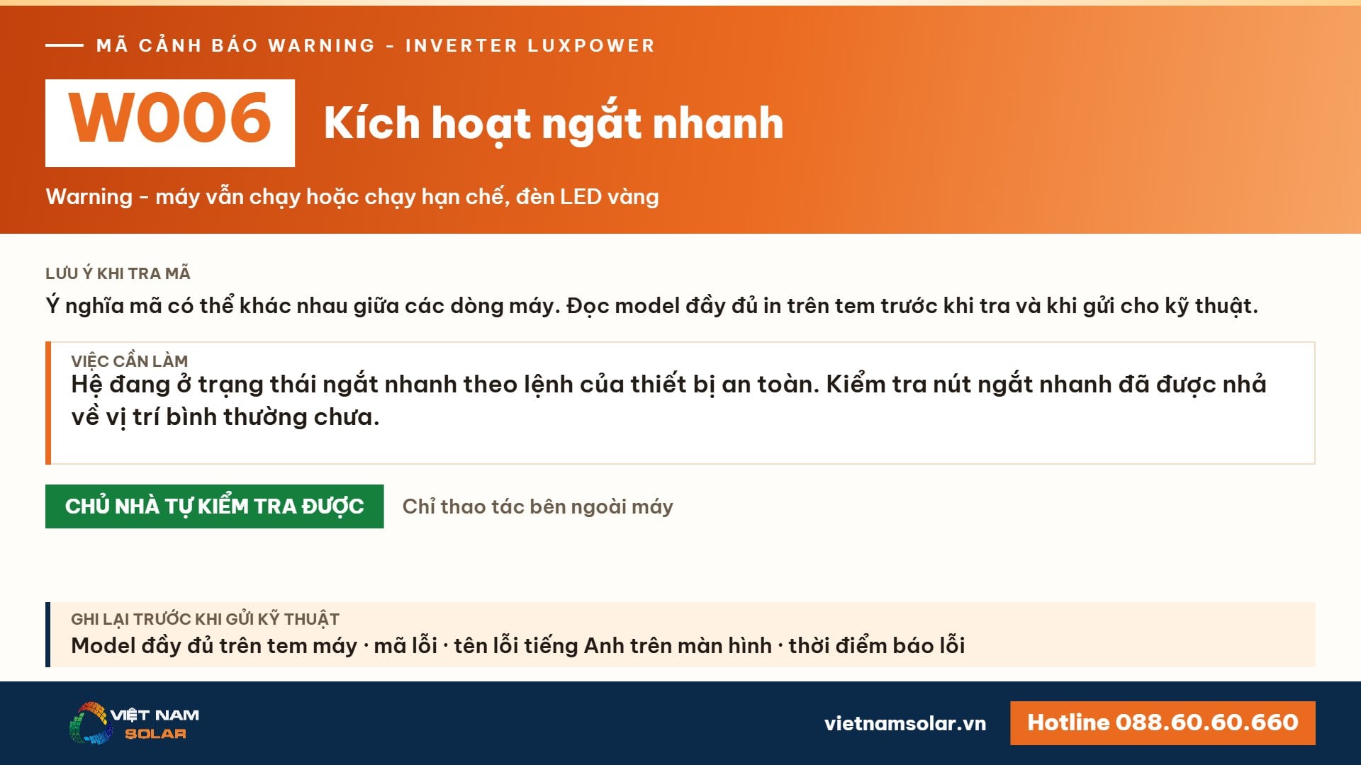 Cảnh báo W006 Luxpower – Kích hoạt ngắt nhanh (Rapid Shutdown) (lỗi 6, warning 6)