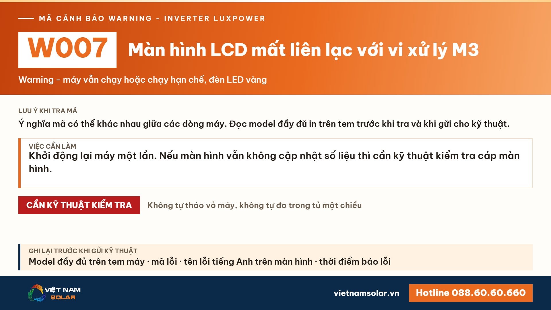 Cảnh báo W007 Luxpower – Màn hình LCD mất liên lạc với vi xử lý M3 (lỗi 7, warning 7)