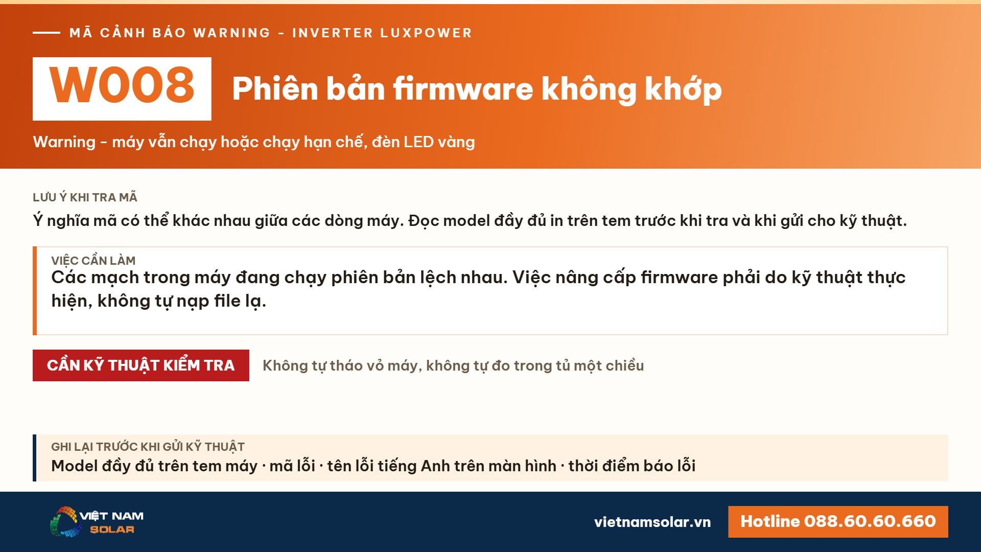 Cảnh báo W008 Luxpower – Phiên bản firmware không khớp (lỗi 8, warning 8)