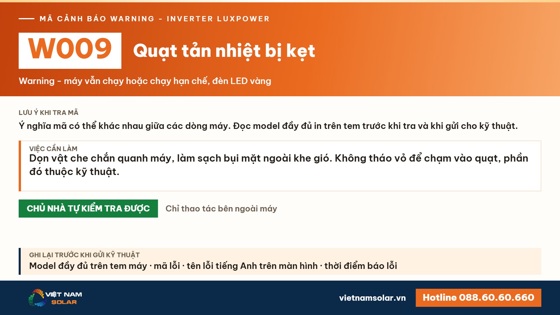 Cảnh báo W009 Luxpower – Quạt tản nhiệt bị kẹt (lỗi 9, warning 9)