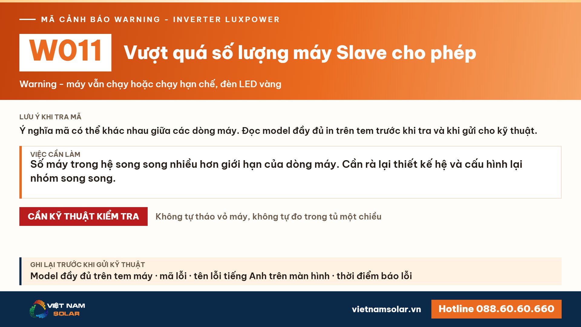 Cảnh báo W011 Luxpower – Vượt quá số lượng máy Slave cho phép (lỗi 11, warning 11)
