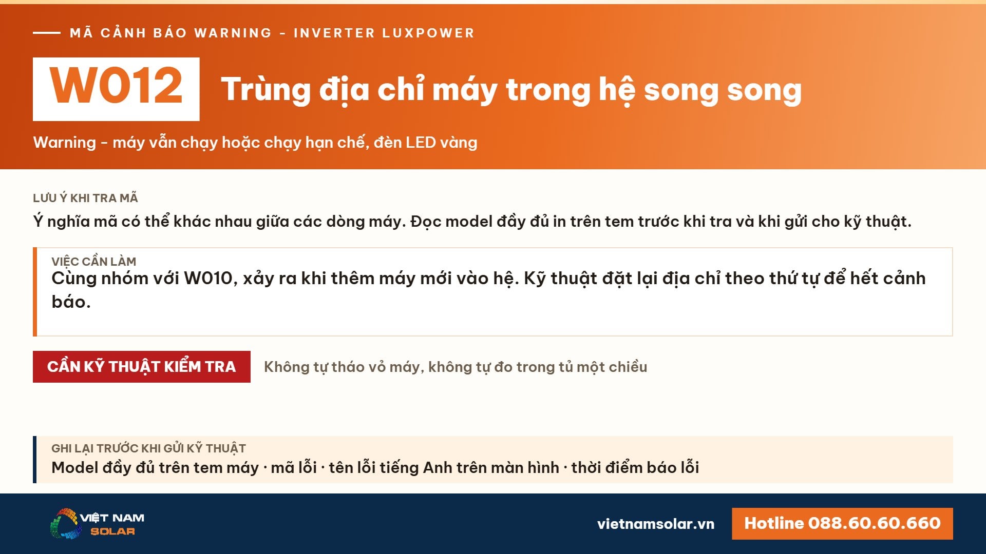 Cảnh báo W012 Luxpower – Trùng địa chỉ máy trong hệ song song (lỗi 12, warning 12)