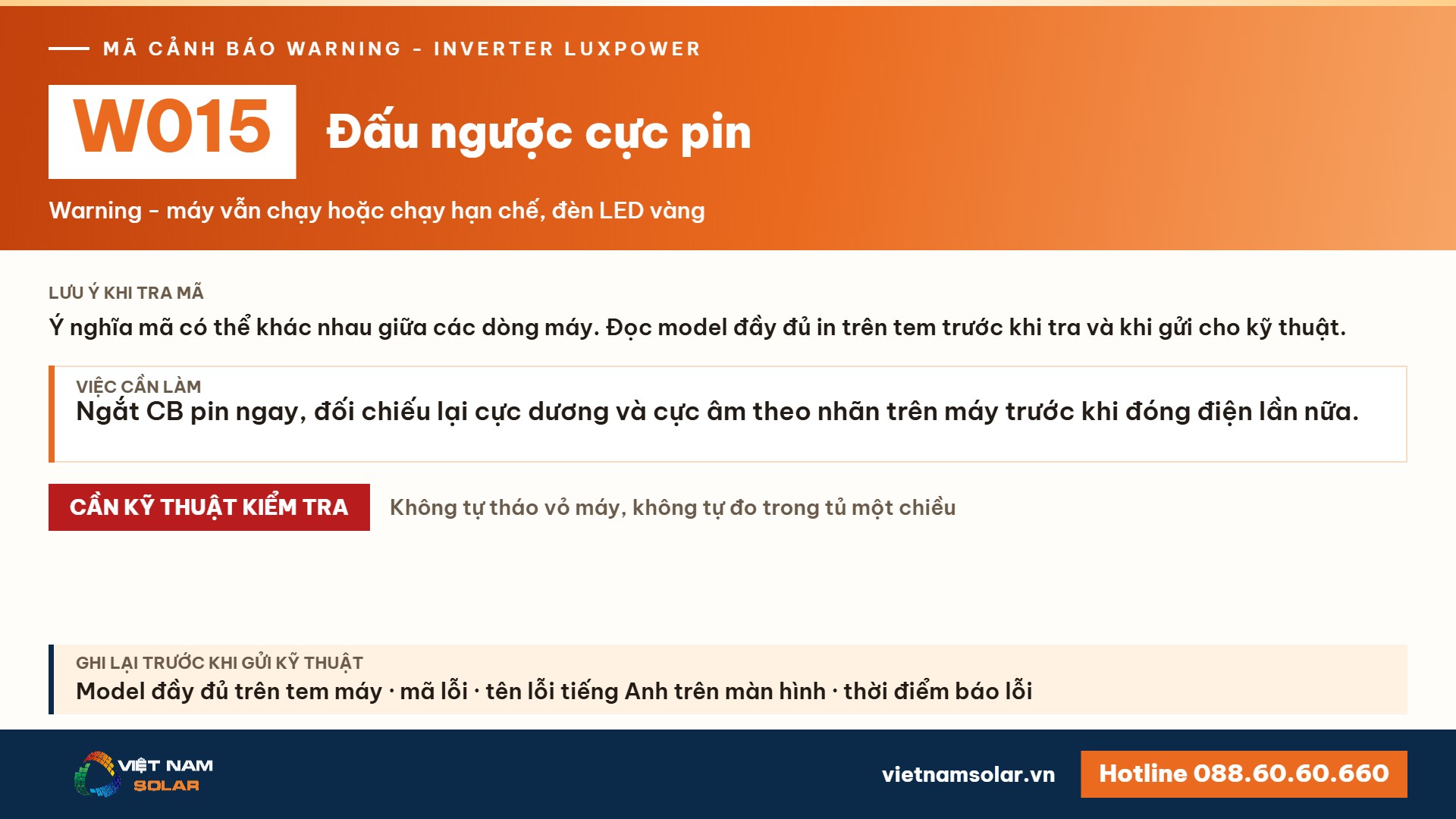 Cảnh báo W015 Luxpower – Đấu ngược cực pin (lỗi 15, warning 15)
