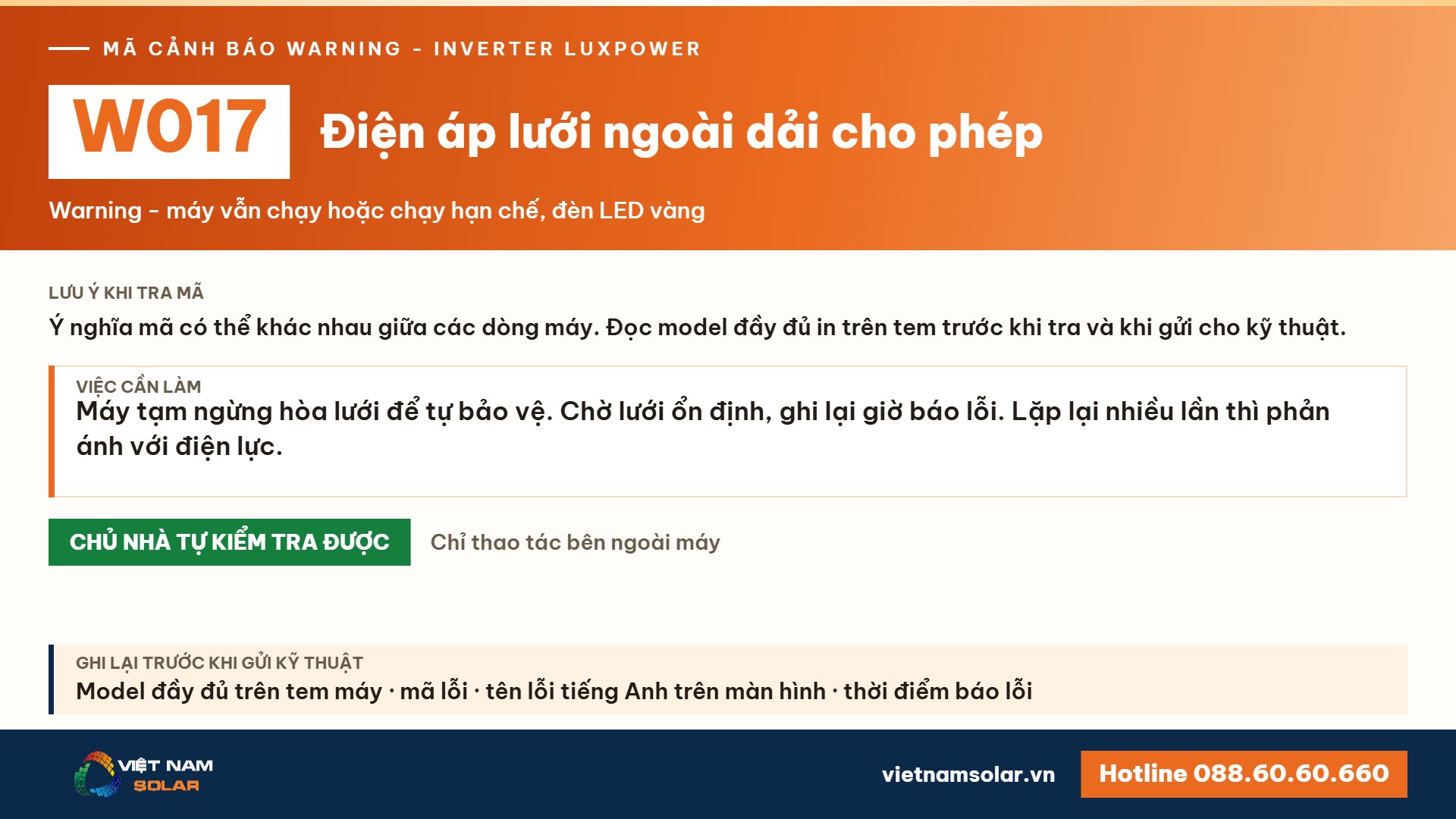 Cảnh báo W017 Luxpower – Điện áp lưới ngoài dải cho phép (lỗi 17, warning 17)