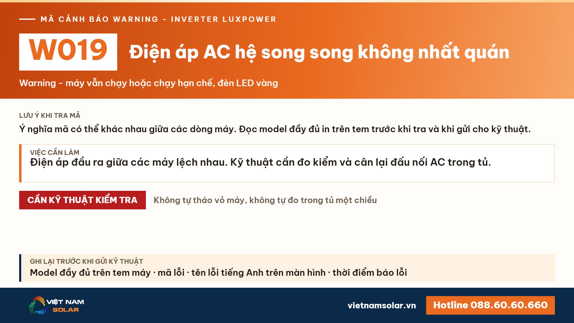 Cảnh báo W019 Luxpower – Điện áp AC hệ song song không đồng nhất (2) (lỗi 19, warning 19)