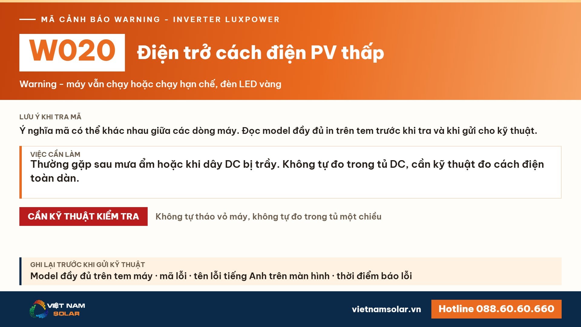 Cảnh báo W020 Luxpower – Điện trở cách điện PV thấp (lỗi 20, warning 20)
