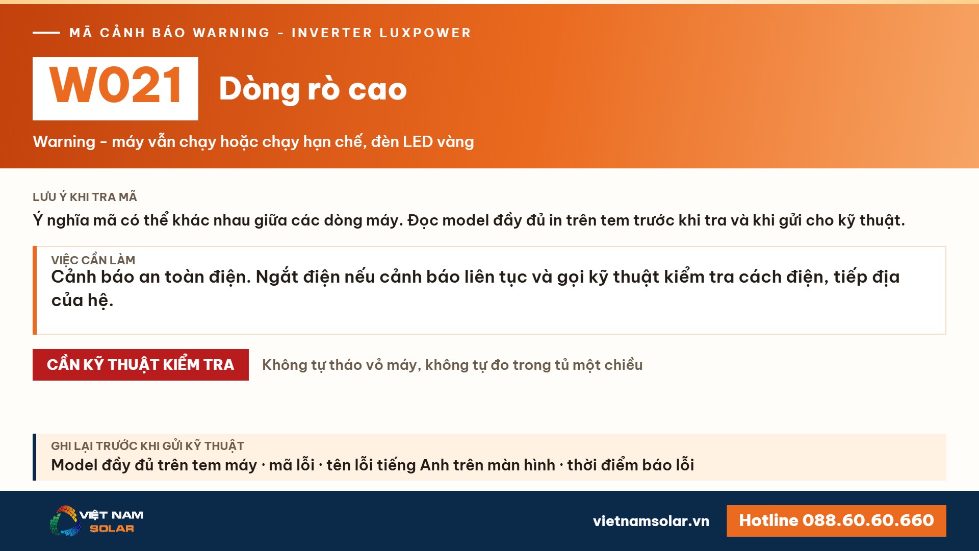 Cảnh báo W021 Luxpower – Dòng rò cao (lỗi 21, warning 21)