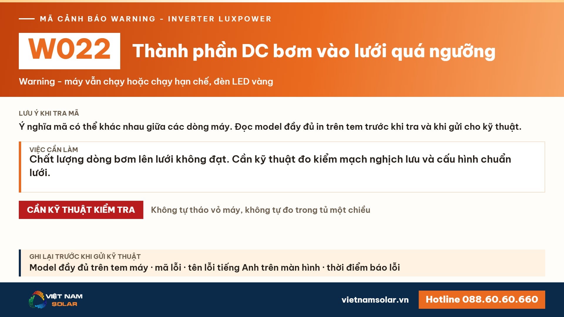 Cảnh báo W022 Luxpower – Thành phần DC bơm vào lưới quá cao (lỗi 22, warning 22)
