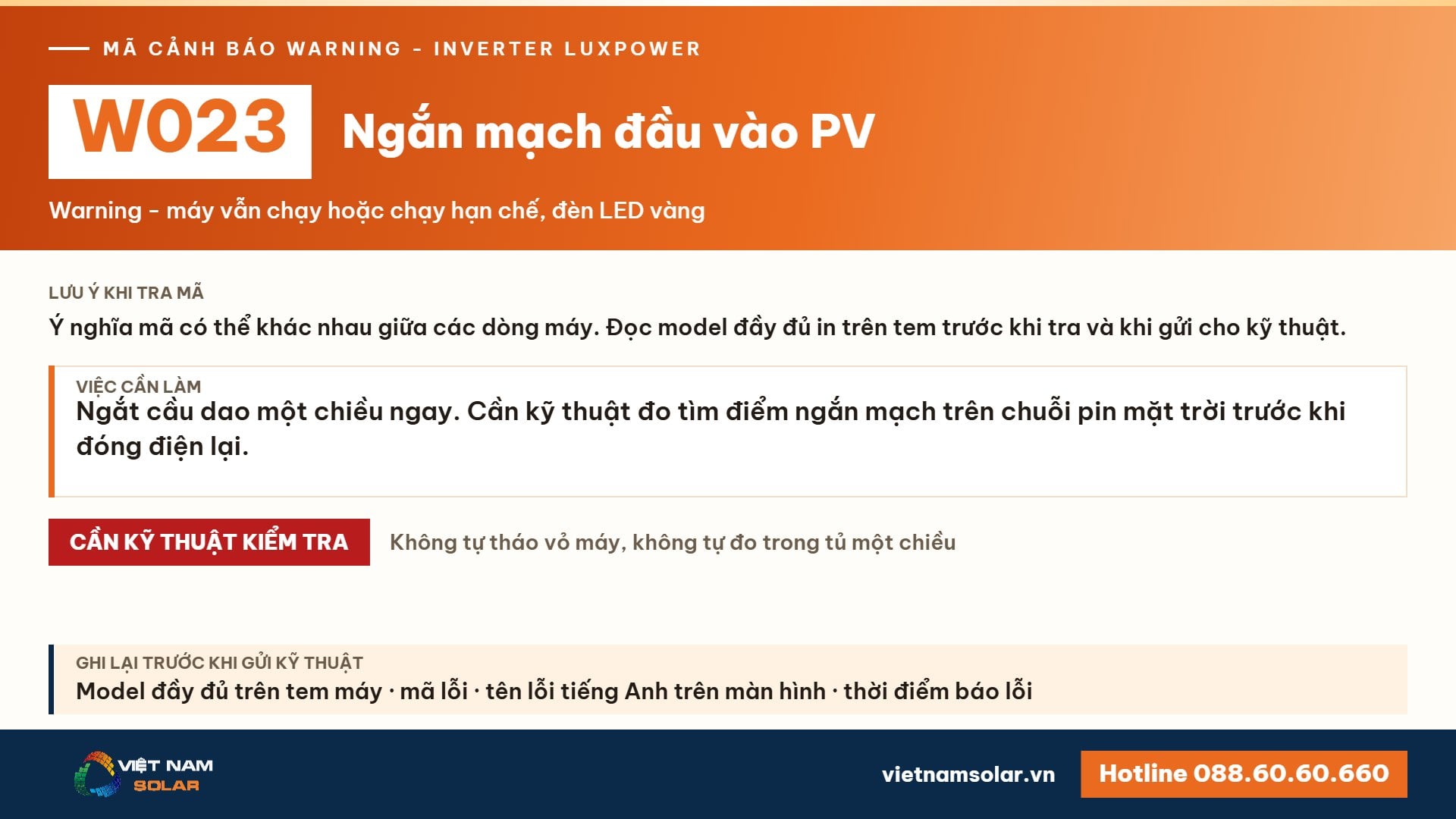 Cảnh báo W023 Luxpower – Ngắn mạch đầu vào PV (lỗi 23, warning 23)
