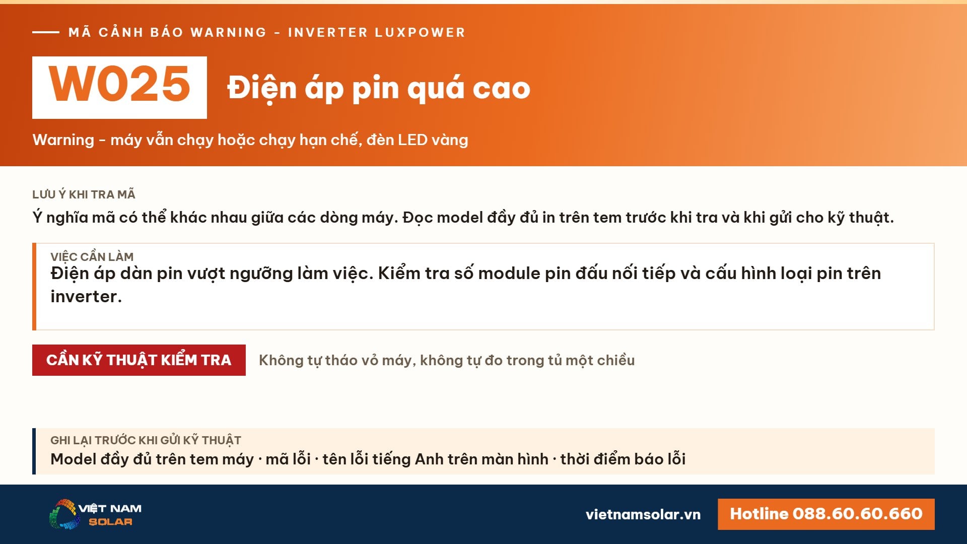 Cảnh báo W025 Luxpower – Điện áp pin quá cao (lỗi 25, warning 25)