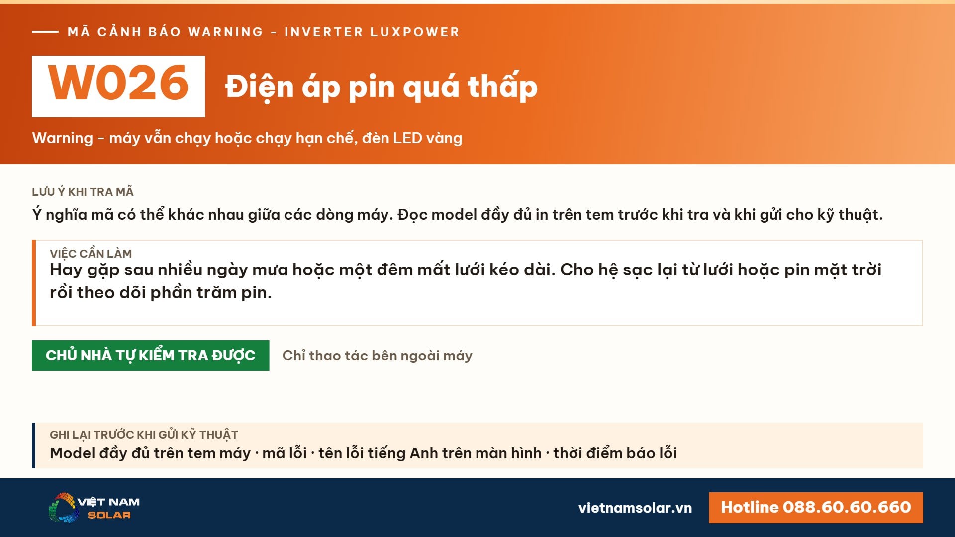 Cảnh báo W026 Luxpower – Điện áp pin quá thấp (lỗi 26, warning 26)