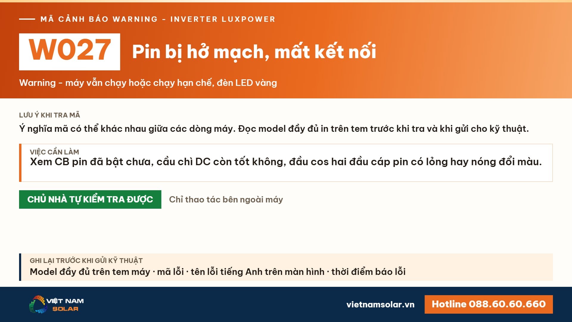 Cảnh báo W027 Luxpower – Pin bị hở mạch / mất kết nối (lỗi 27, warning 27)