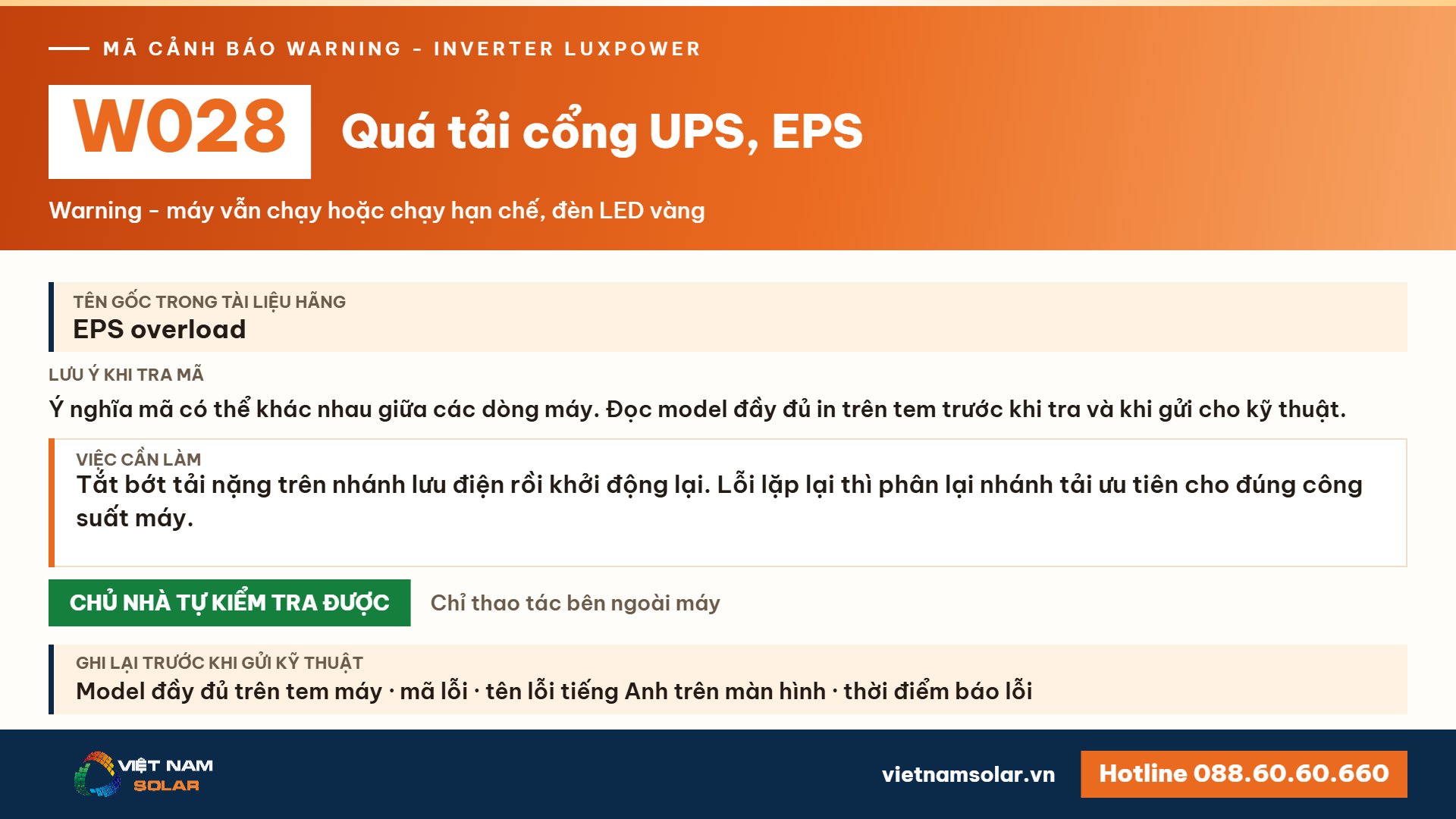 Cảnh báo W028 Luxpower – Quá tải cổng UPS (lỗi 28, warning 28)