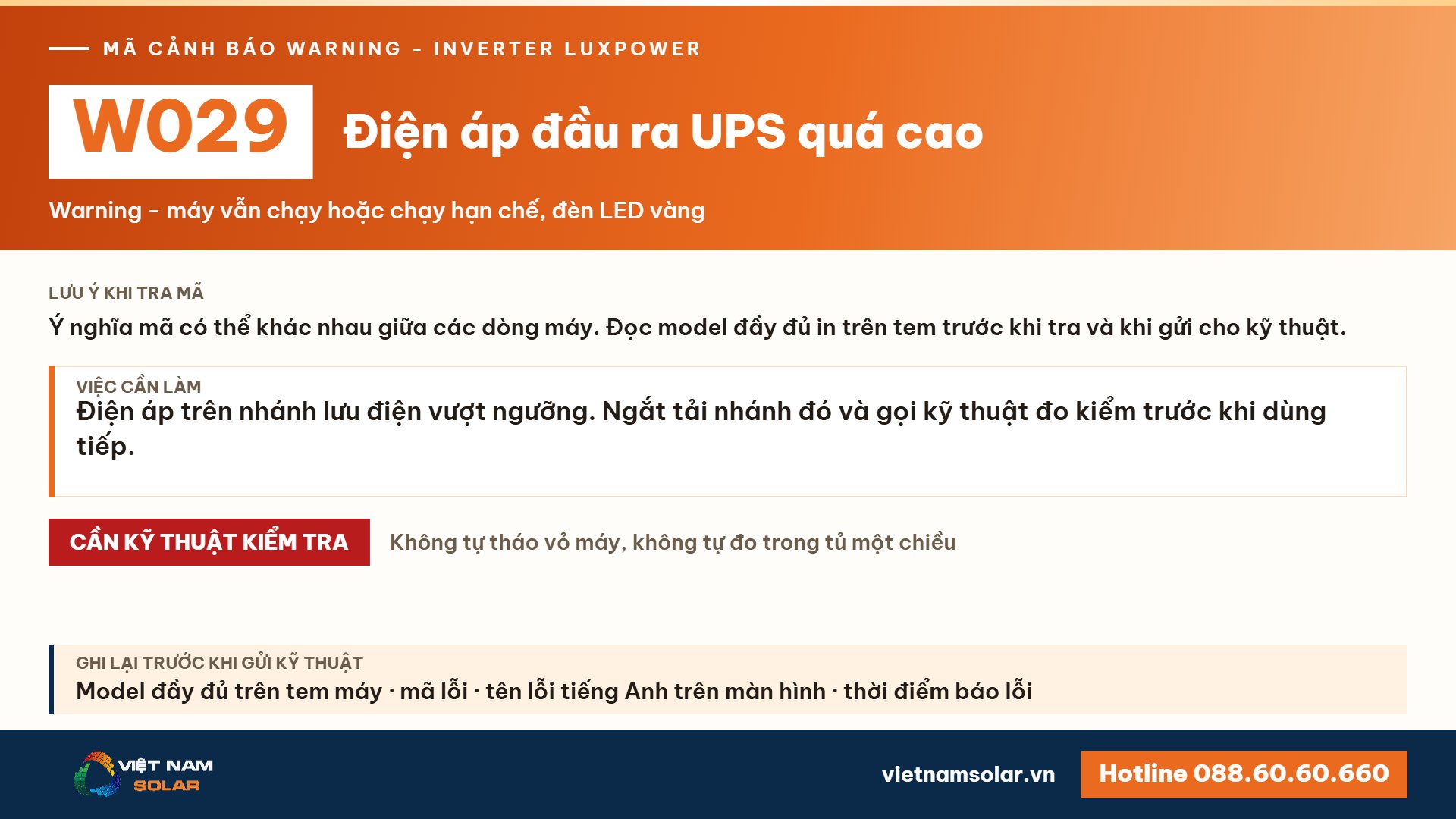 Cảnh báo W029 Luxpower – Điện áp đầu ra UPS quá cao (lỗi 29, warning 29)