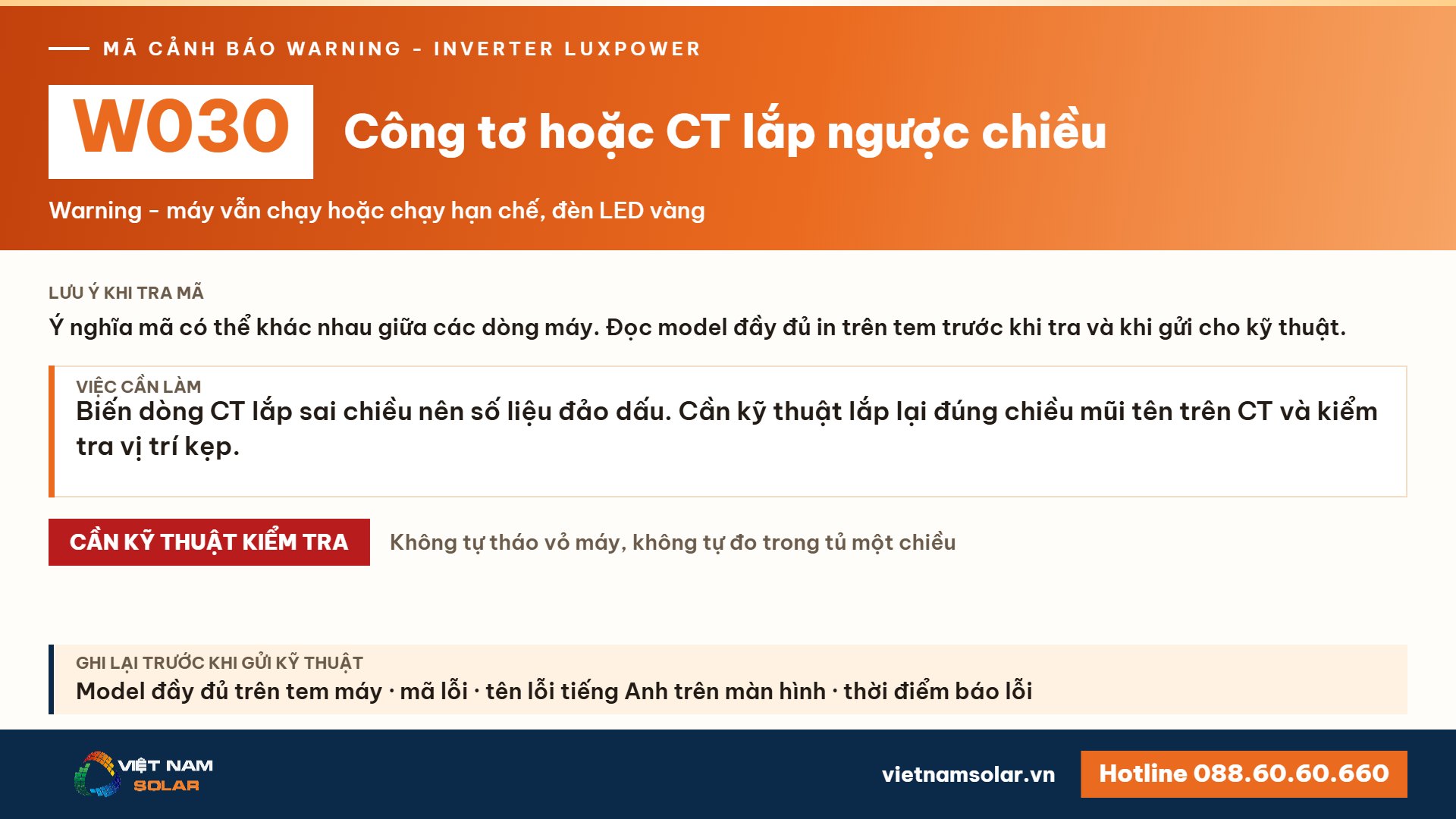 Cảnh báo W030 Luxpower – Công tơ / CT lắp ngược chiều (lỗi 30, warning 30)