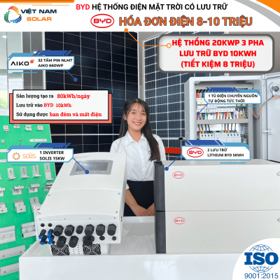 (Tiền Điện 8-10tr 3 Pha) Lắp BYD Hệ Thống Điện Mặt Trời 20kWp Lưu Trữ 10kWh (Tạo Ra 80kWh lưu BYD 10kWh)